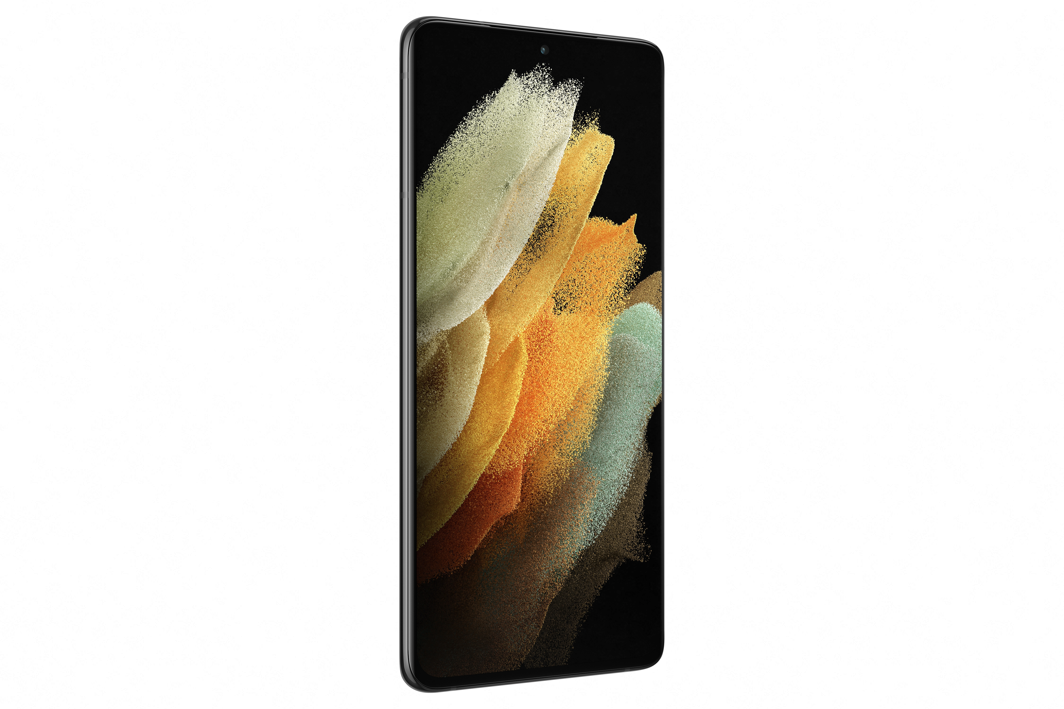 Smartphone, angewinkelte Ansicht, schwarzer Rahmen, Bildschirm zeigt abstrakte Kunst. Das Telefon ist nach rechts geneigt.