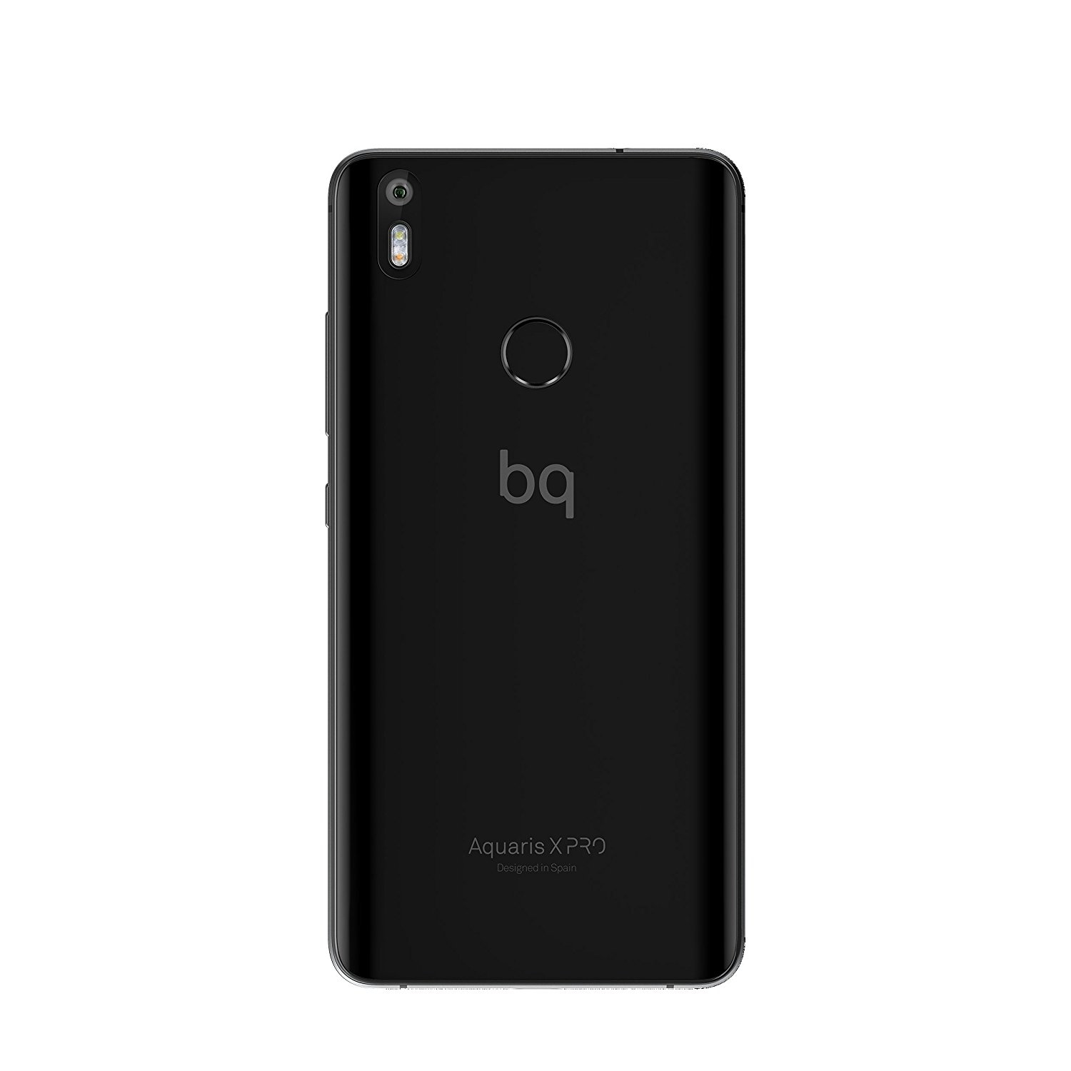 Rückseite eines schwarzen Smartphones, mit 'bq'-Logo und Aquaris X Pro-Text, isoliert.