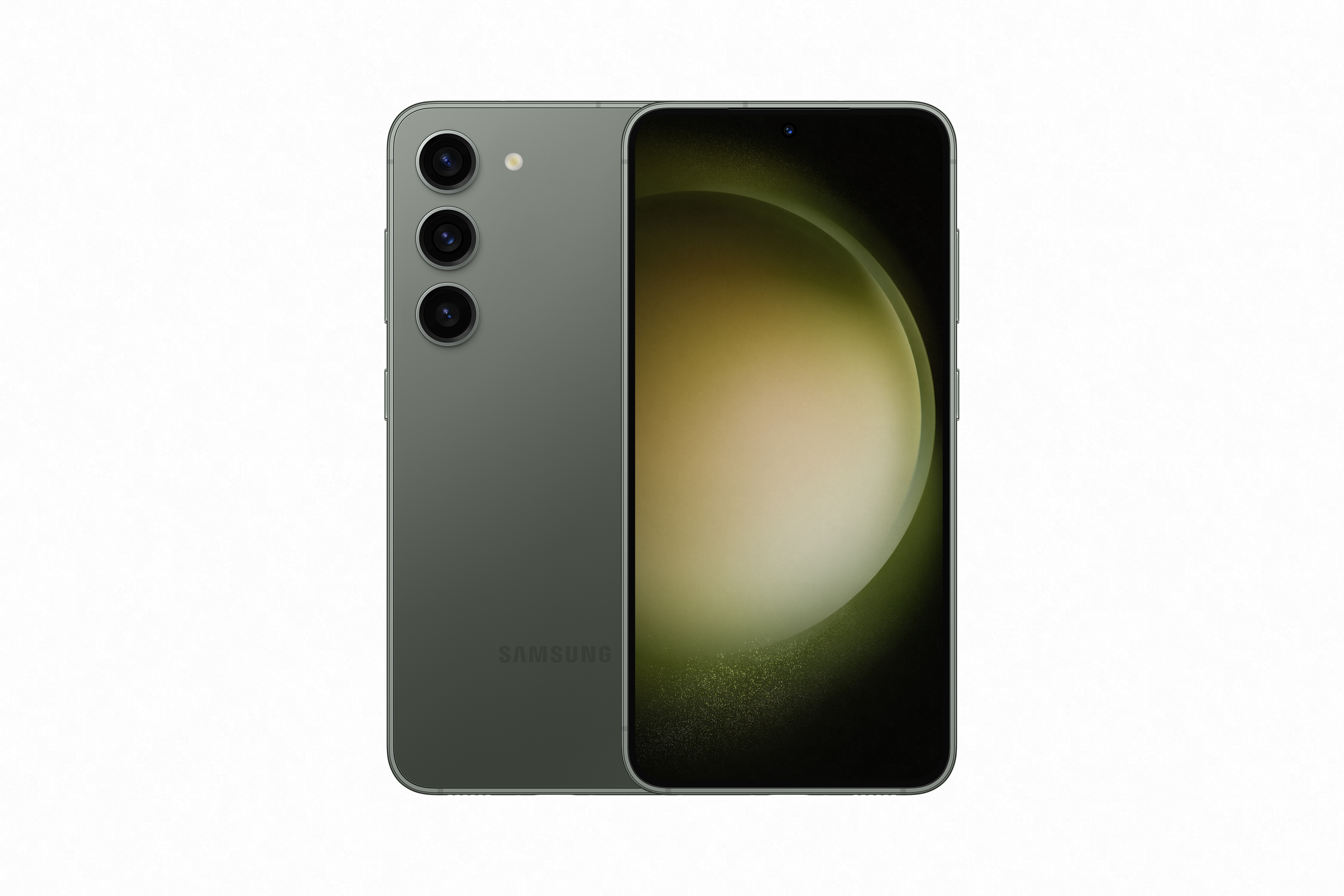 Üç kameralı gri akıllı telefon. Ekran görünür durumda. Arkada Samsung logosu.