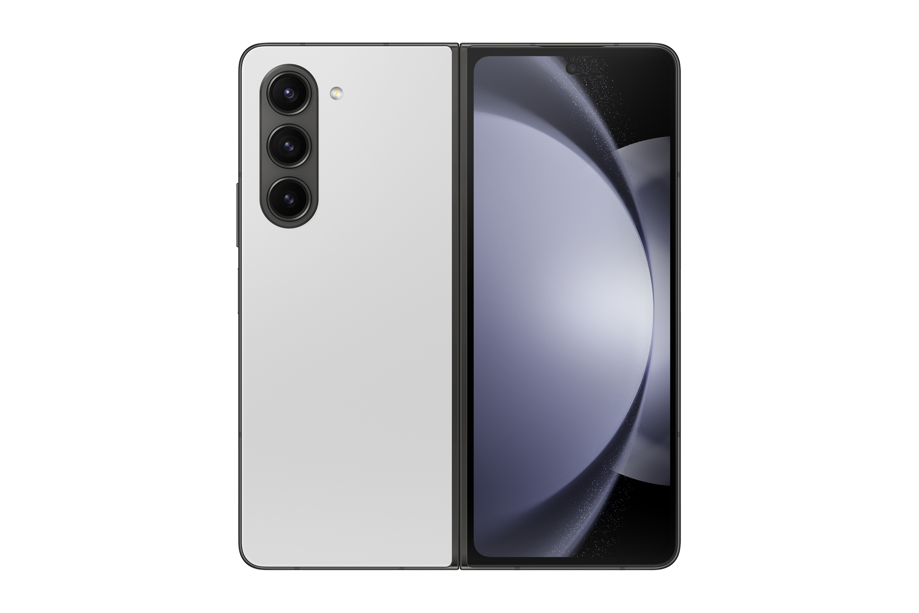 Faltbares Smartphone, weiße Farbe mit drei Rückkameras. Rechts geöffnet.