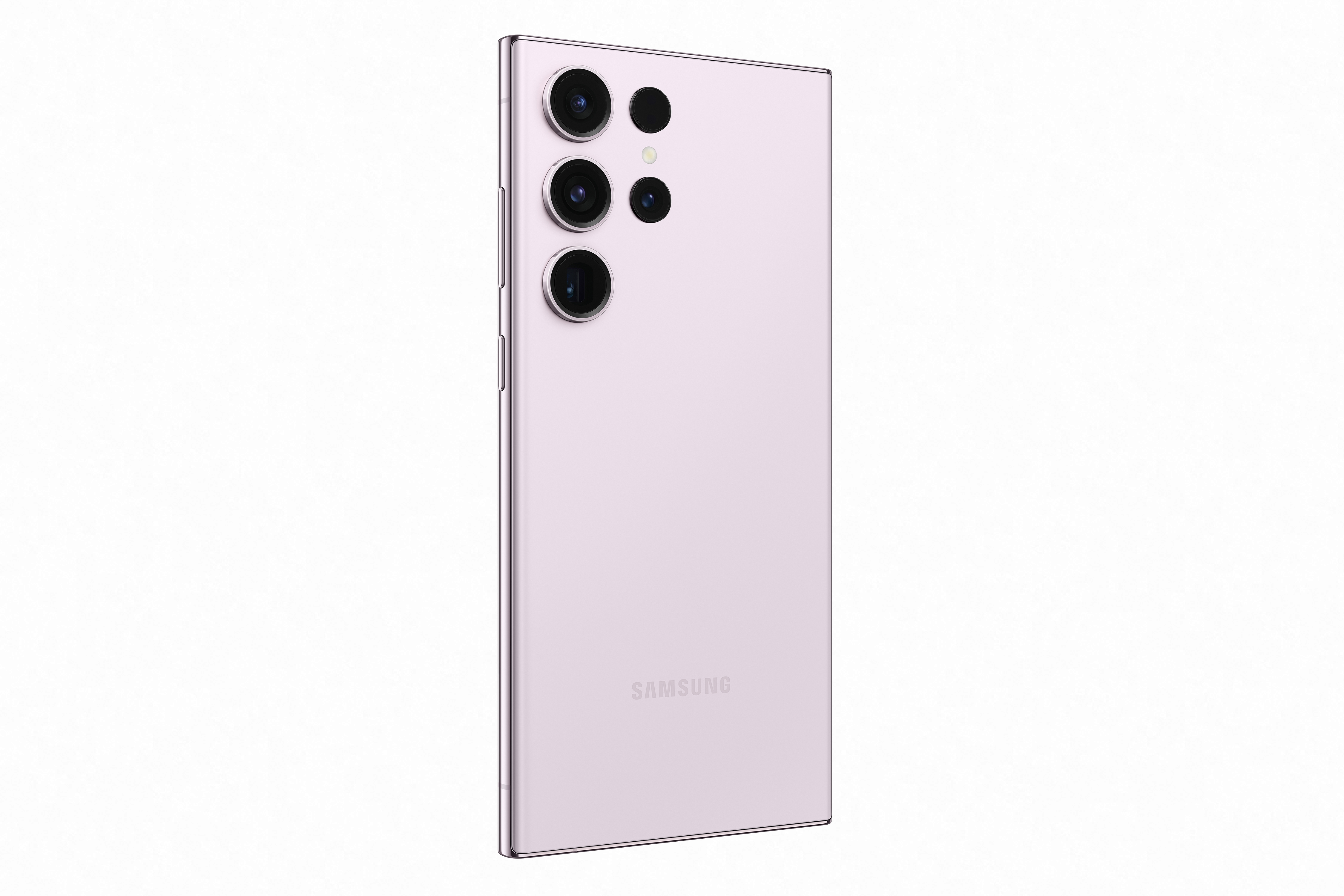 Samsung telefon arkası, açık mor, üç kamera, Samsung logosu, beyaz arka plan.