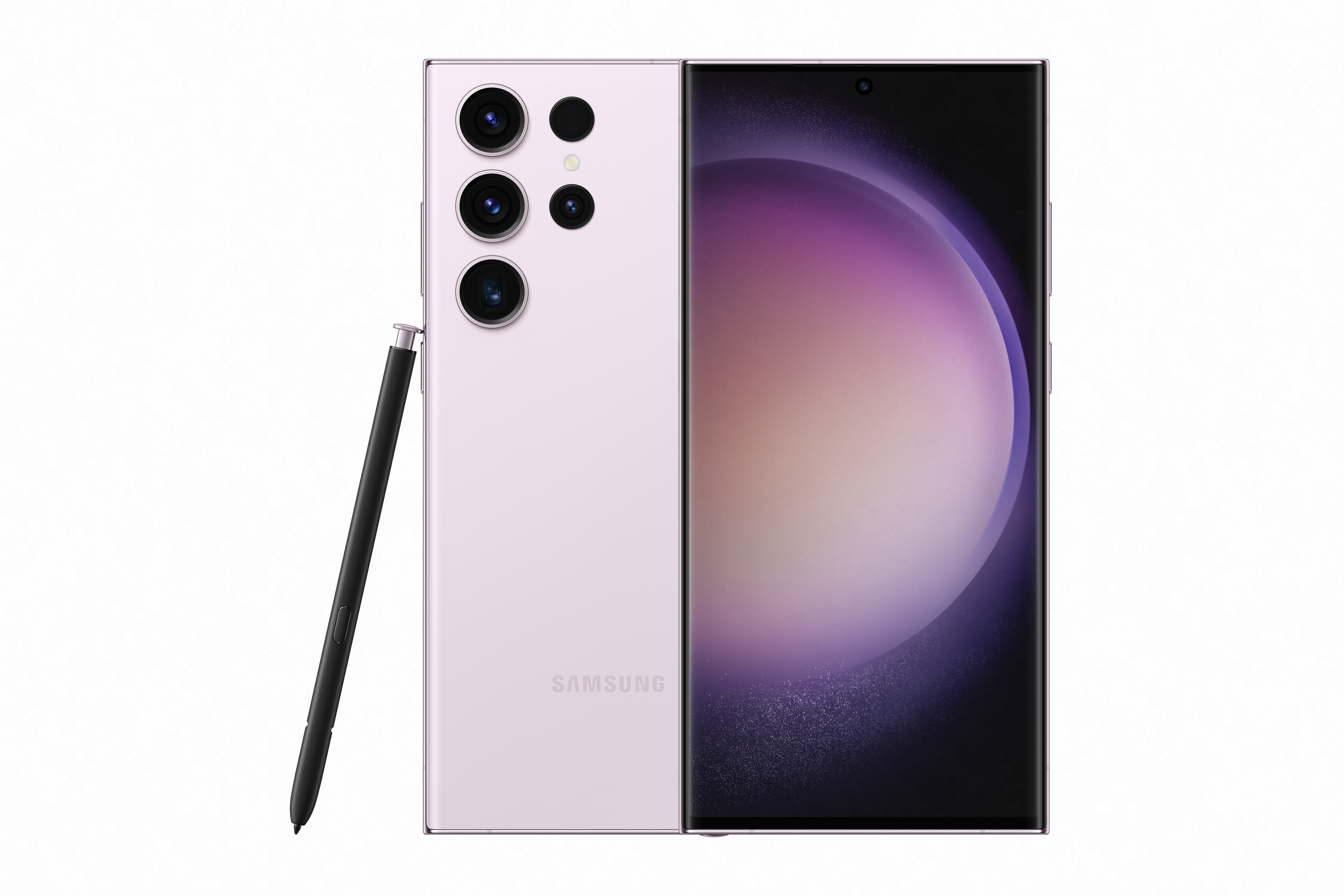 Sol tarafta siyah bir kalemle açık mor telefon. Telefonun arkası görünüyor.