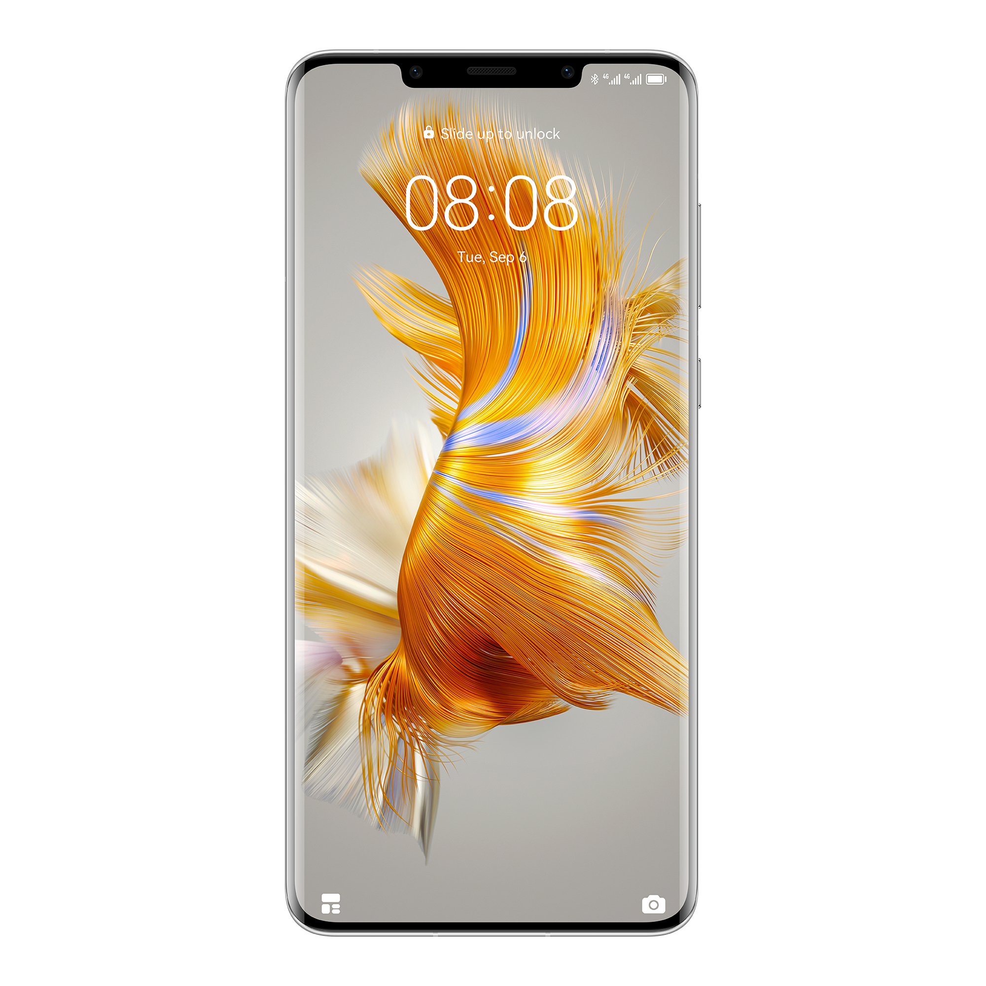 Ein gold-silbernes Telefon mit einem Display, das die Uhrzeit und das Datum anzeigt.