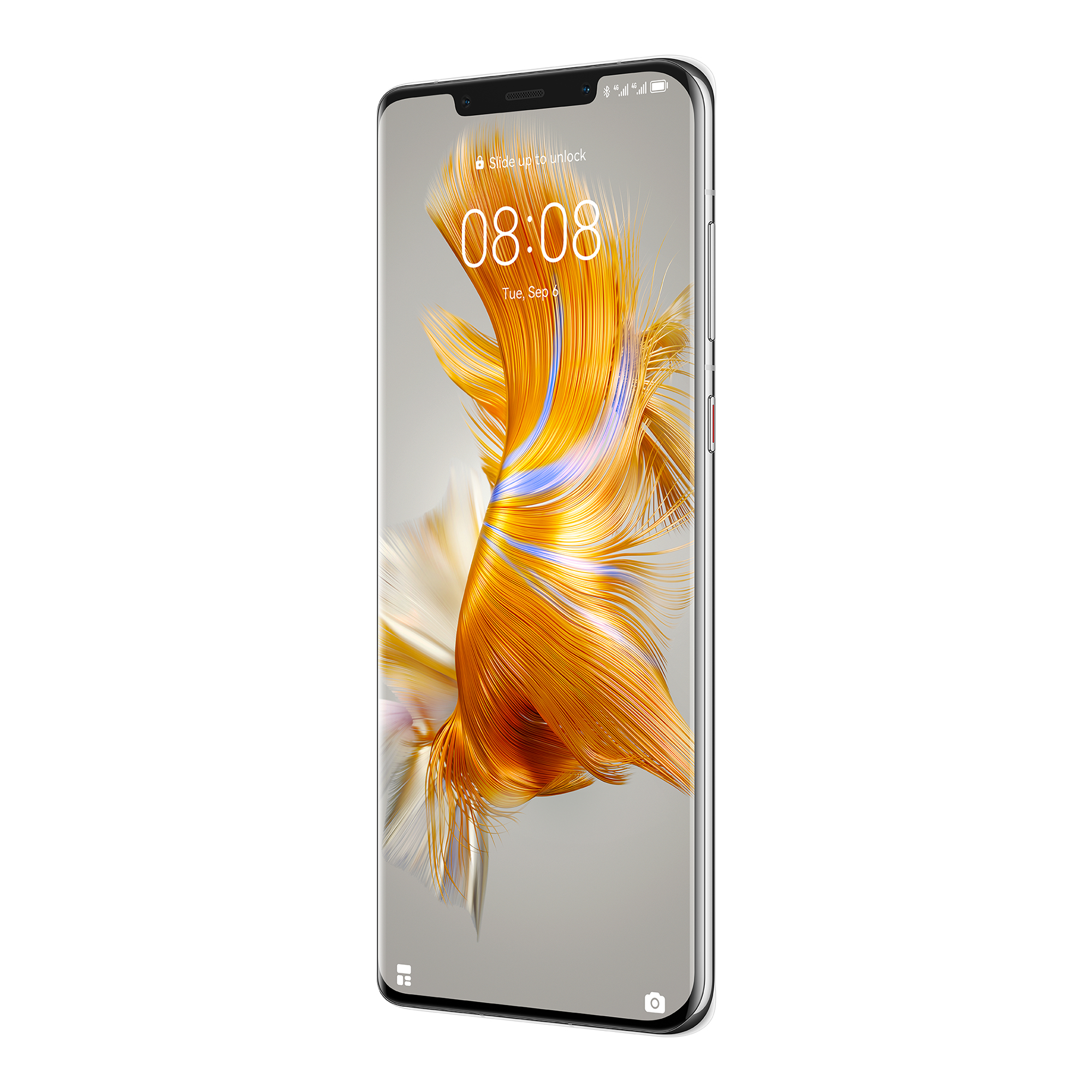 Ein Smartphone zeigt ein fließendes orangefarbenes Design. Das Telefon liegt auf einer weißen Oberfläche.