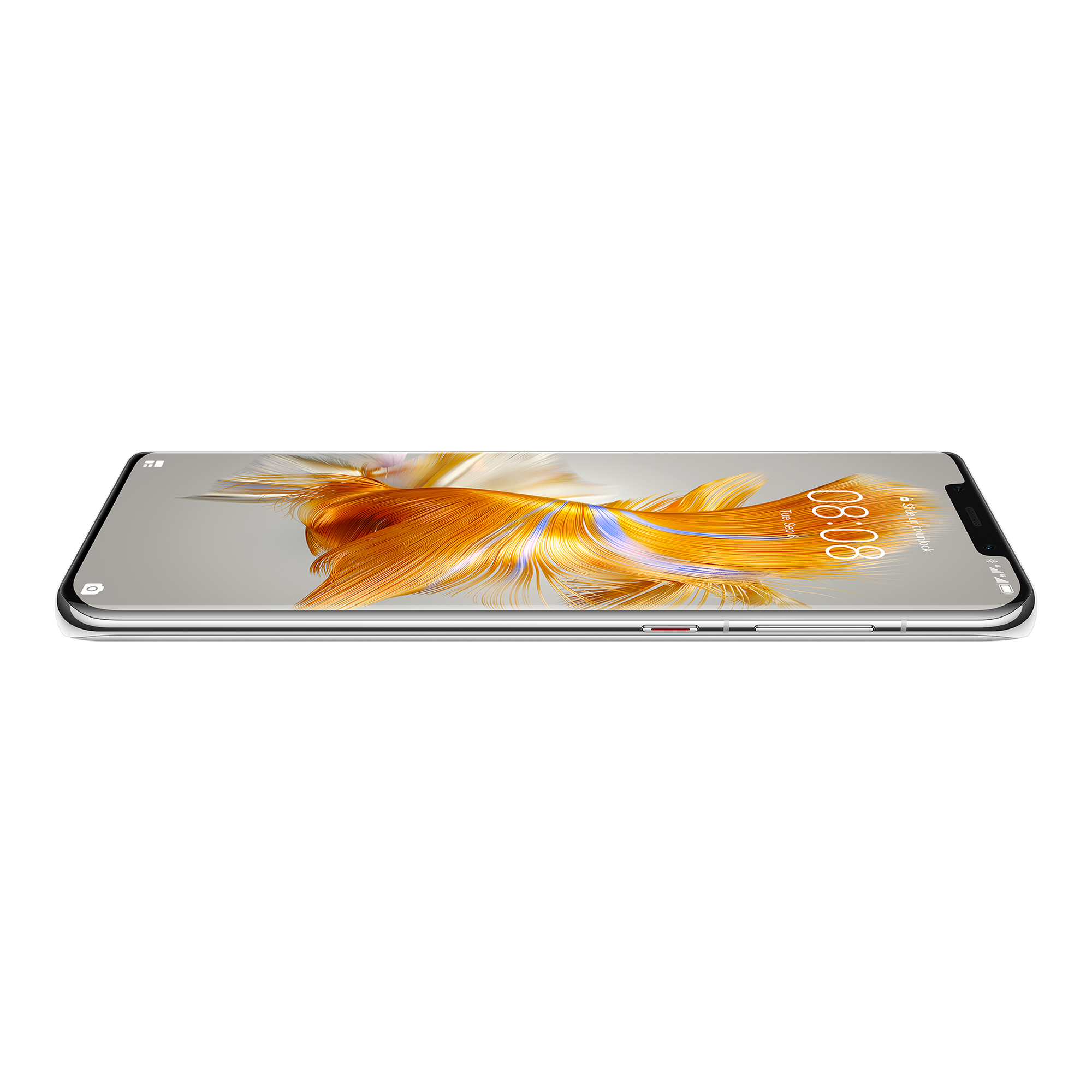 Seitenansicht eines silbernen Smartphones, das einen Bildschirm mit farbenfrohem Design zeigt. Das Telefon liegt auf einer weißen Oberfläche.