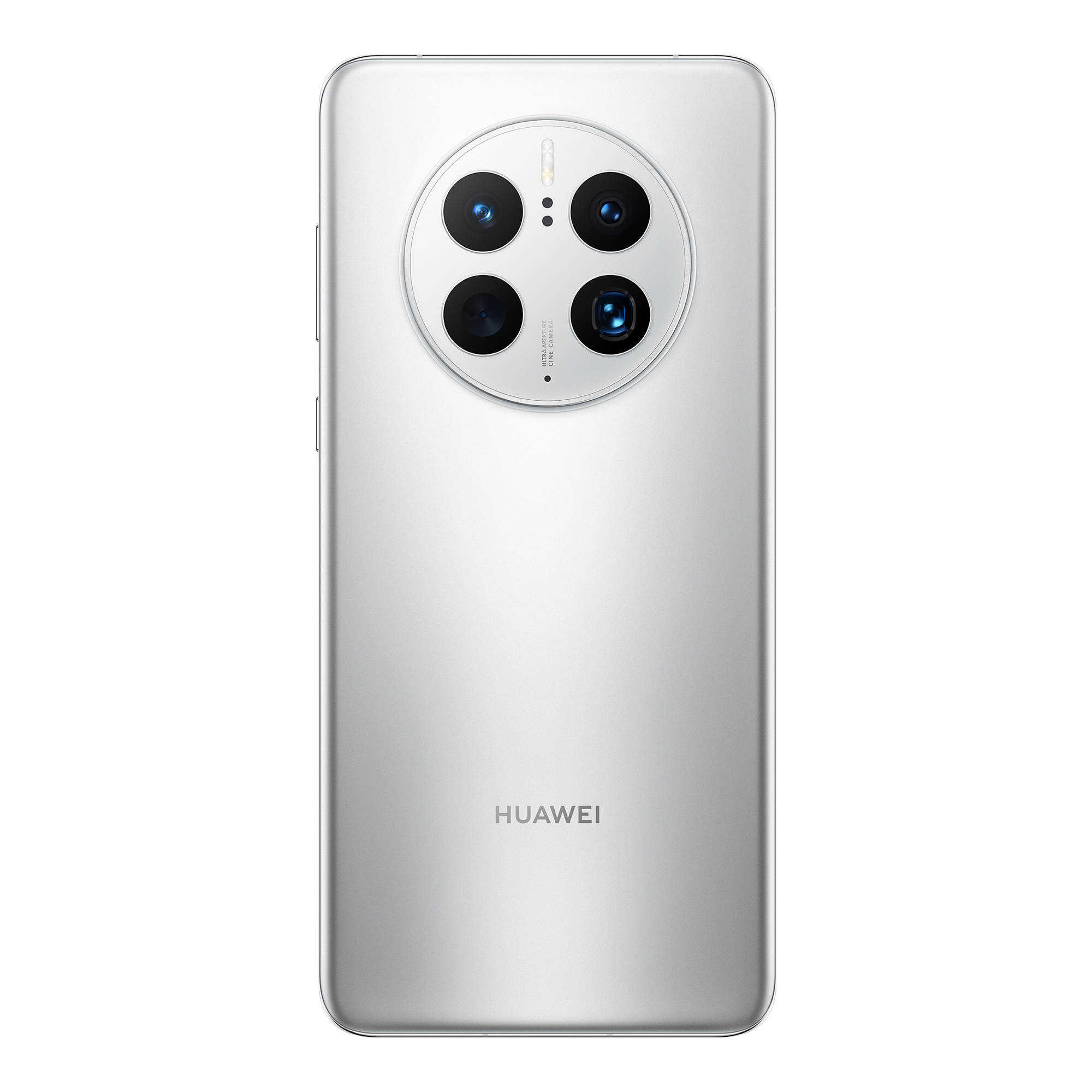 Silbernes Telefonrücken mit Kamera-Setup. Huawei-Logo unten. Weißer Hintergrund.