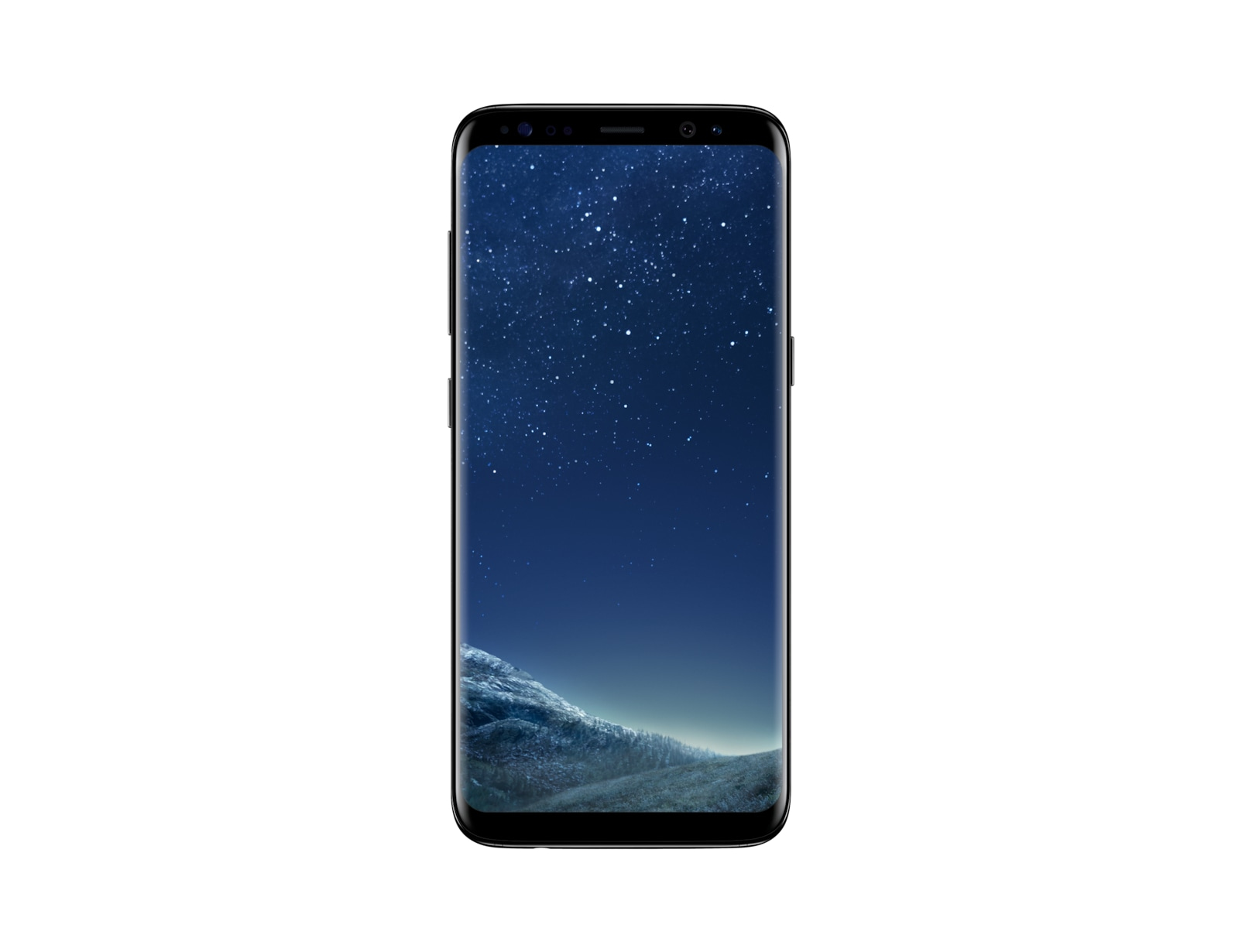 Smartphone nero con sfondo di cielo stellato. Lo schermo mostra un cielo blu scuro con stelle bianche. Sfondo bianco.