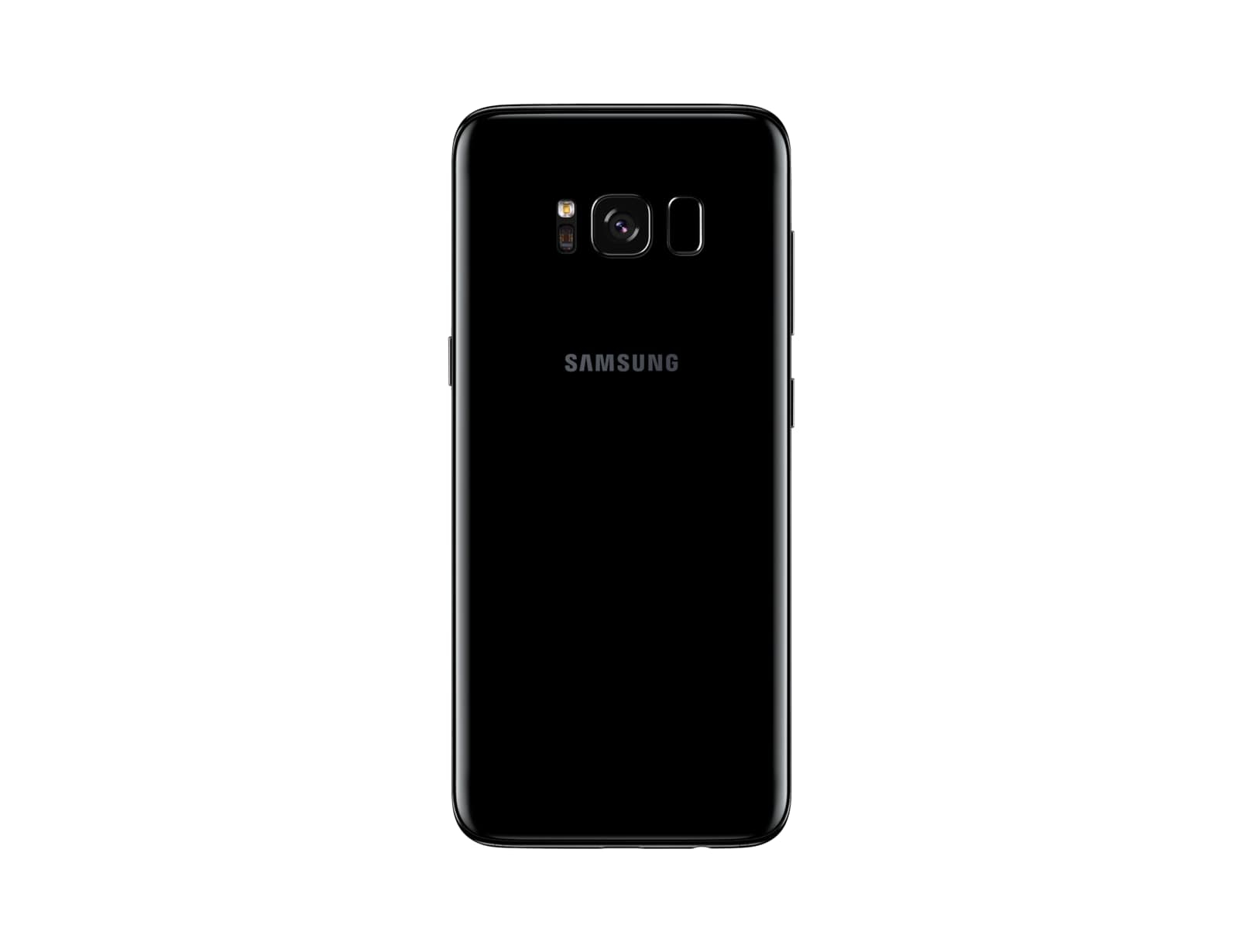 Vista posteriore di uno smartphone nero. Fotocamera e flash in alto. Il logo Samsung è in basso, sfondo bianco.