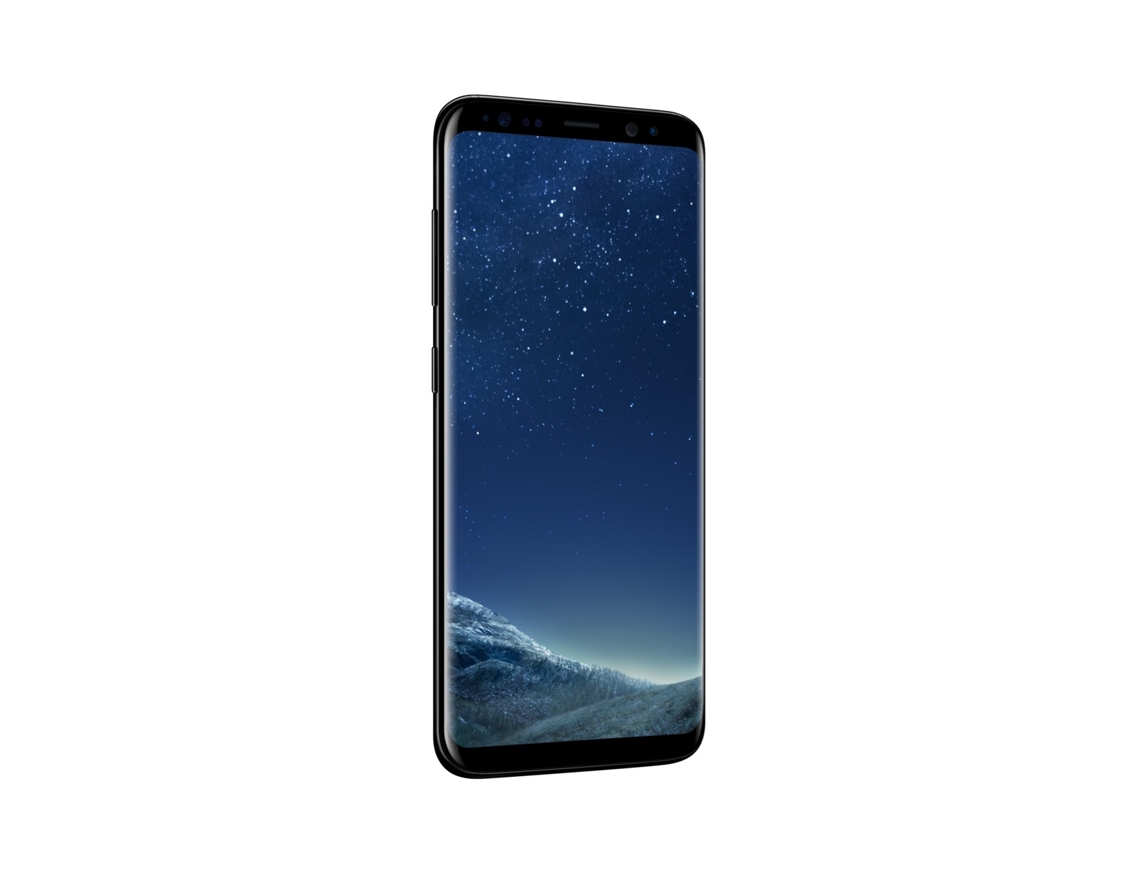 Display di un telefono nero che mostra una notte stellata e un paesaggio montuoso bianco.