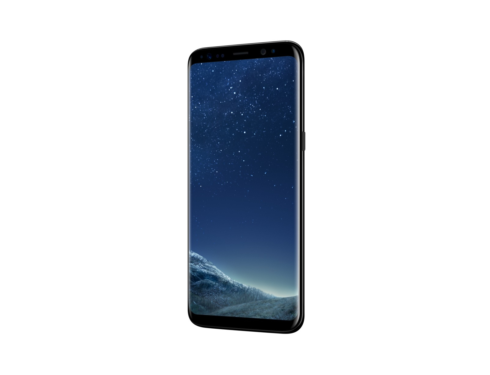 Telefono Samsung nero con display stellato. Sfondo bianco.