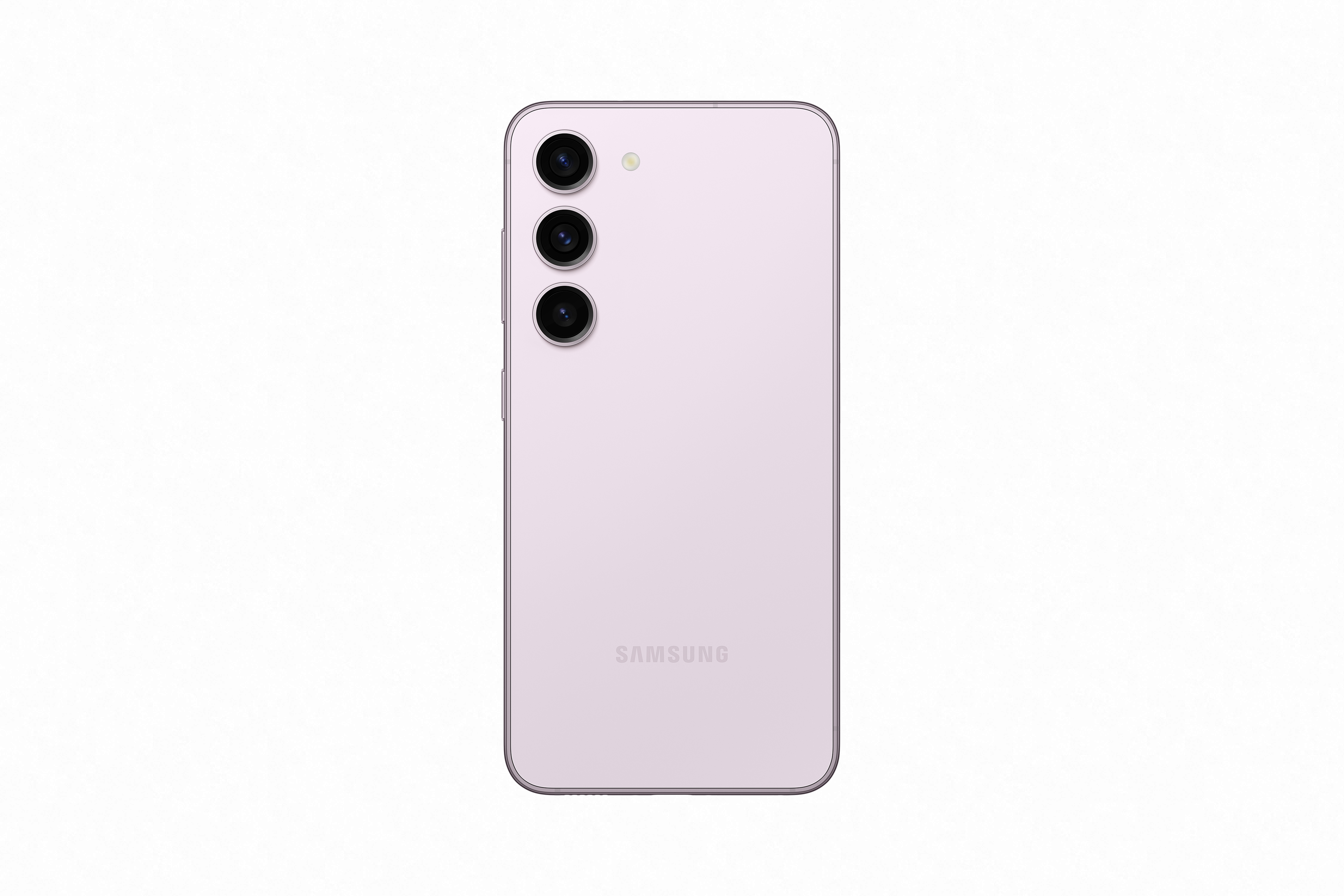 Açık mor bir Samsung telefonun arkası. Üç kamera görünüyor.