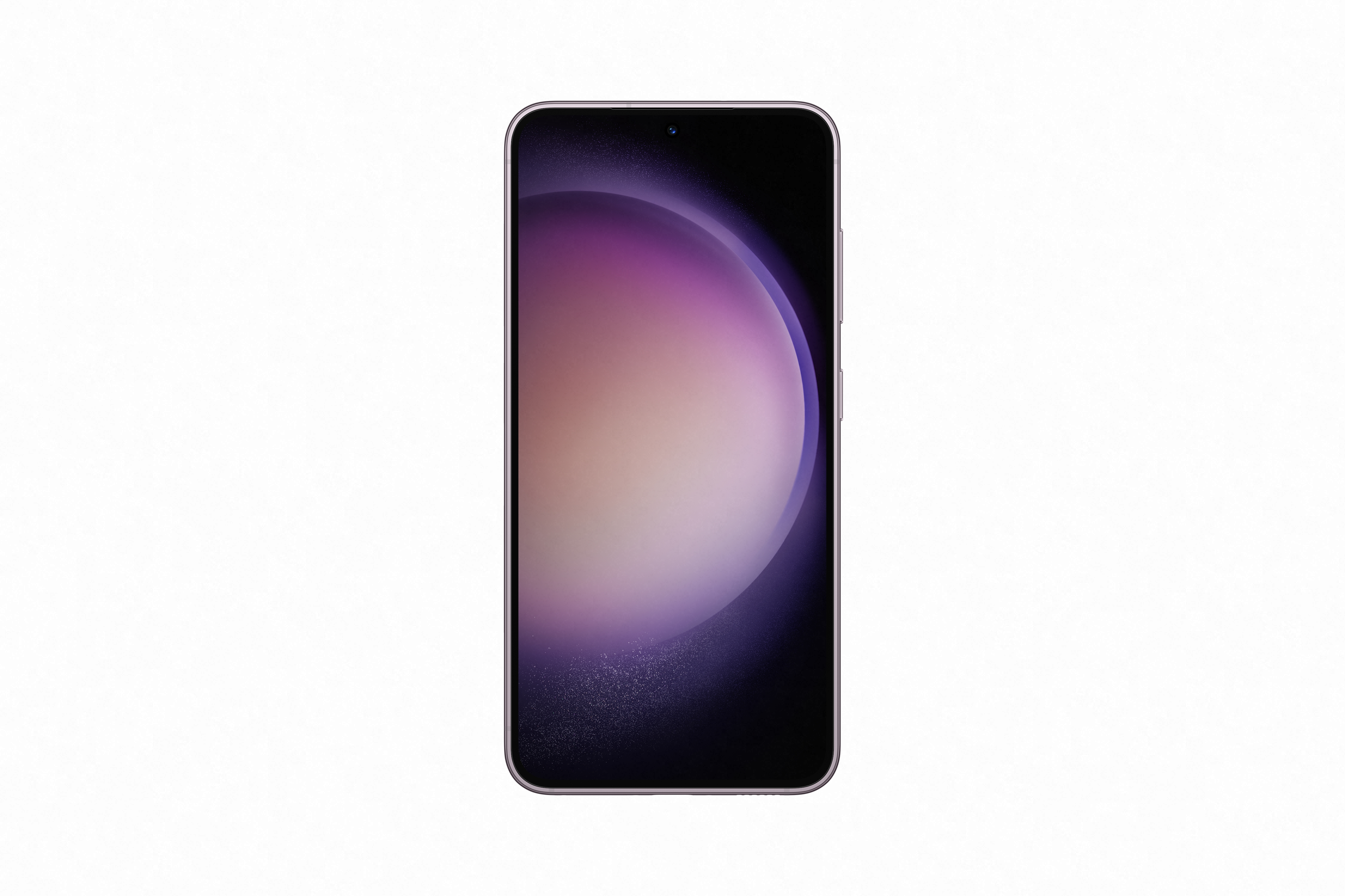 Mor ve pembe geçişli ekranlı bir Samsung telefon. Beyaz bir arka plan üzerinde.