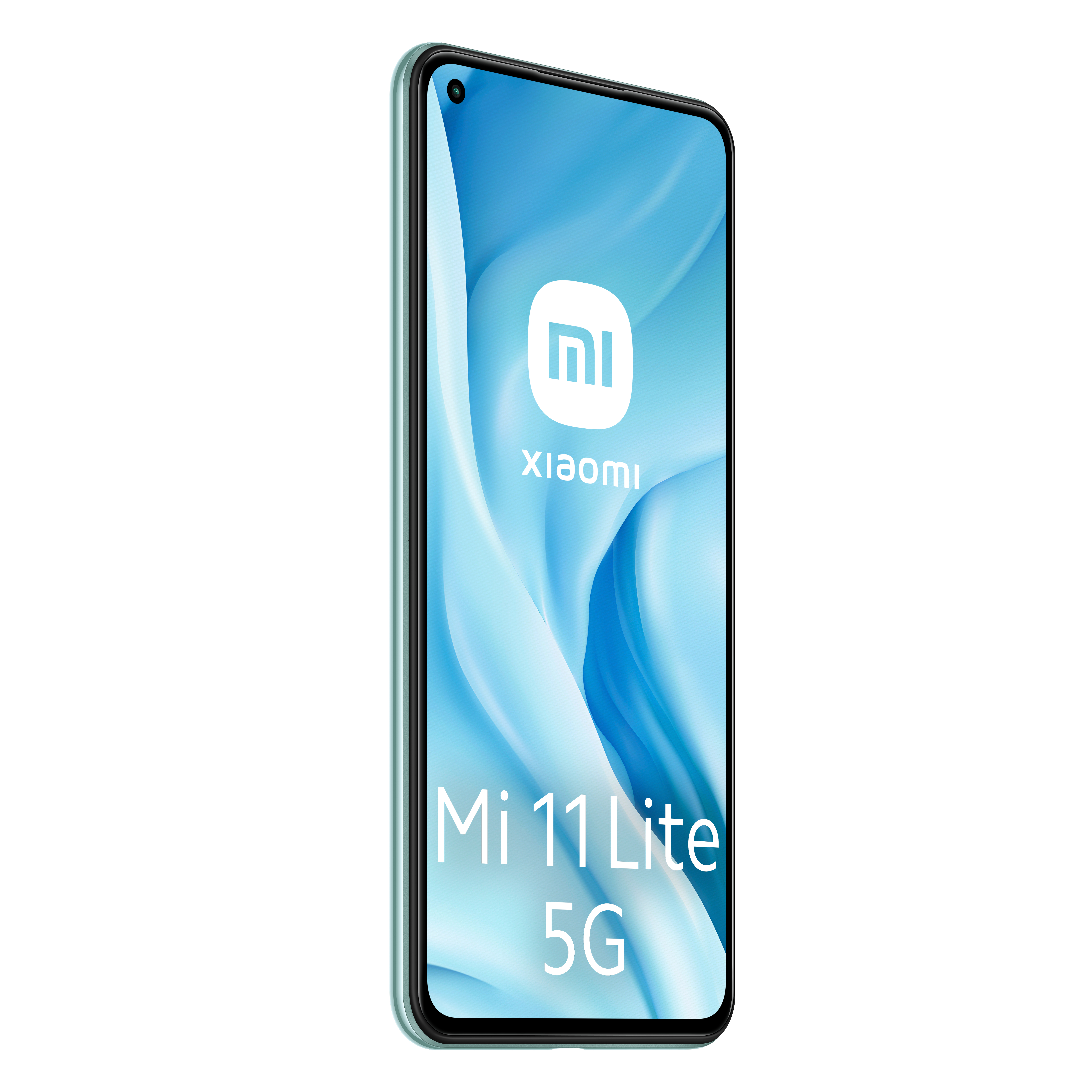 Mintgrünes Smartphone mit weißem Bildschirm, der ein Xiaomi-Logo und Text zeigt.