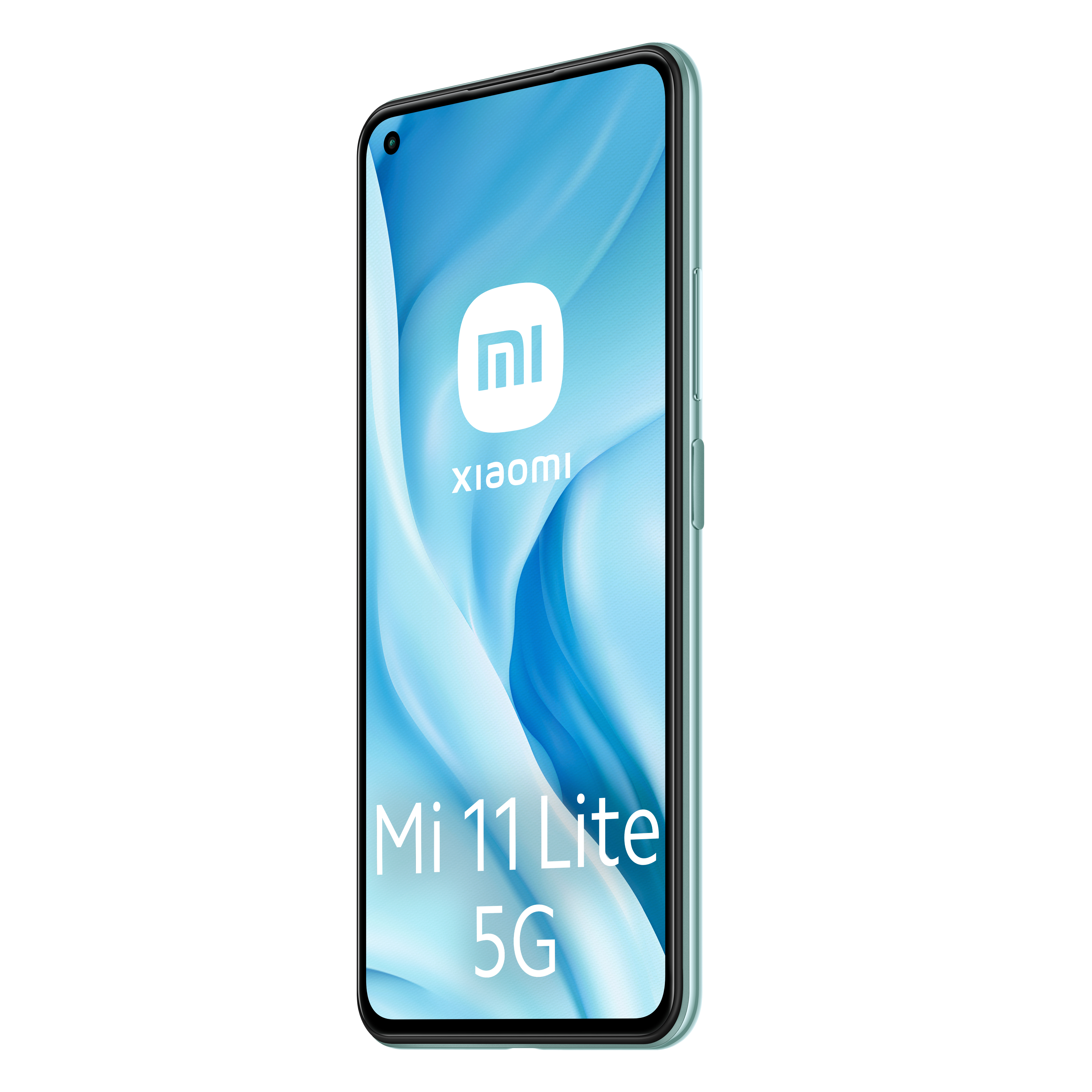 Ein grünes Xiaomi Mi 11 Lite 5G Smartphone. Das Display zeigt das Xiaomi-Logo und den Modellnamen. Das Telefon liegt auf Weiß.