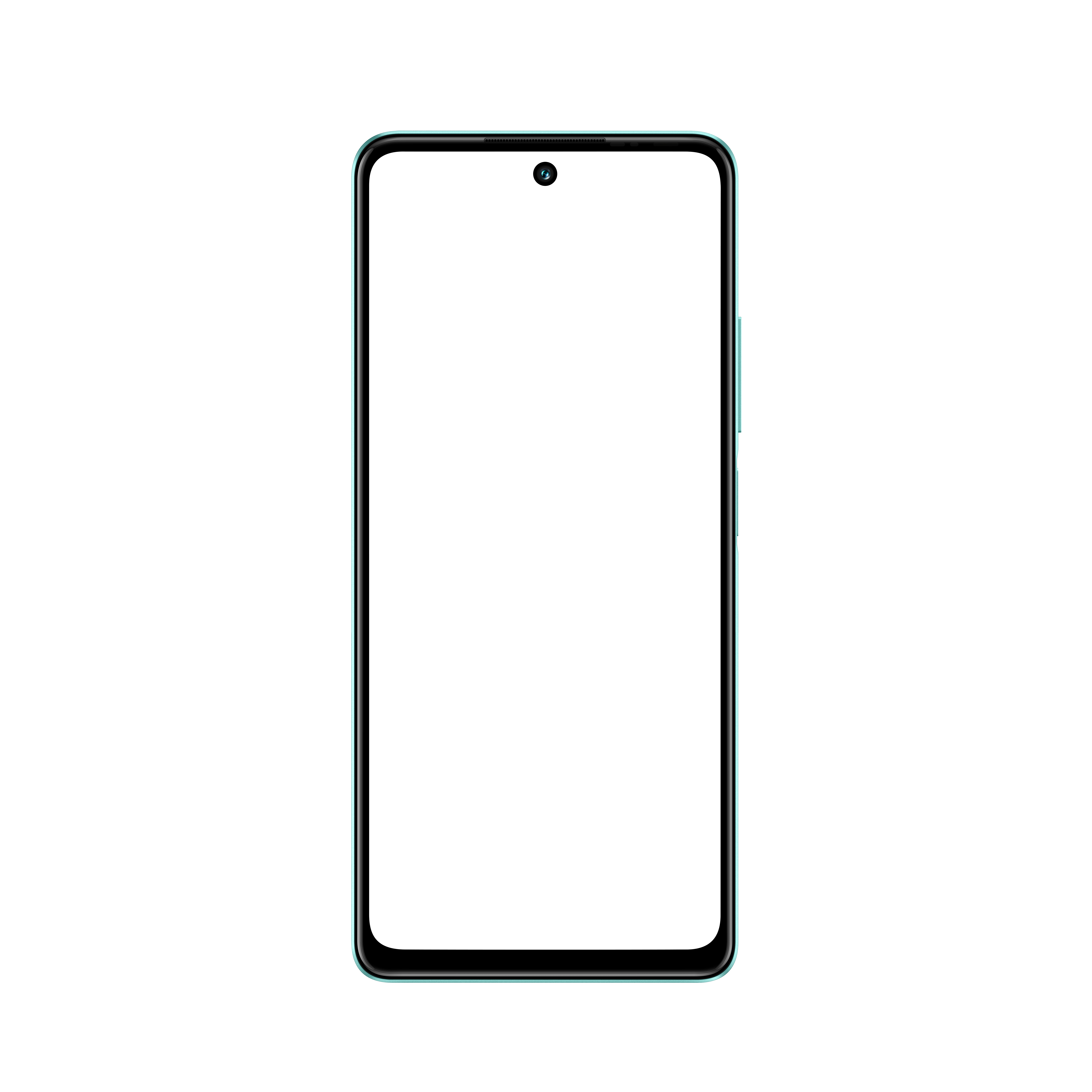 Boş beyaz ekranlı, turkuaz çerçeveli akıllı telefonun ön görünümü. Kamera görülebilir.
