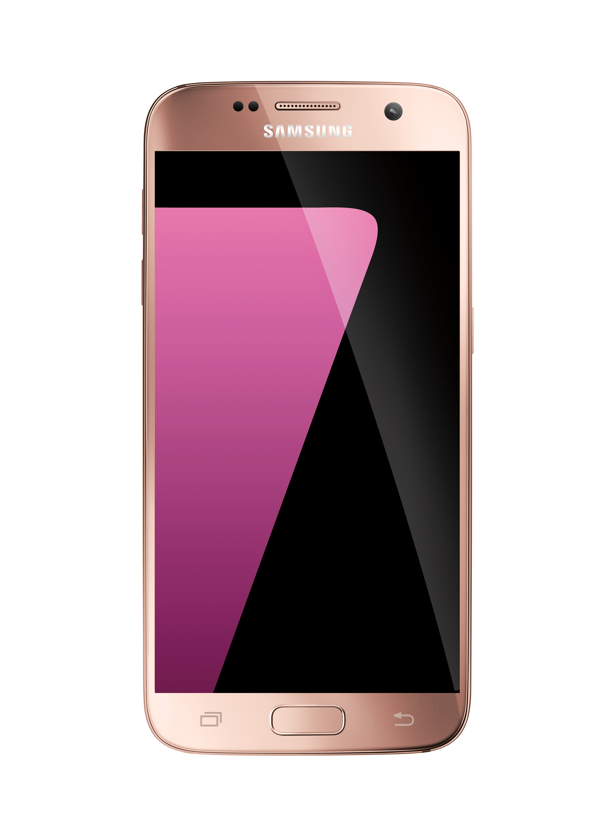 Smartphone oro rosa. Pantalla negra con gradiente rosa y negro. Logo Samsung plateado, botón inferior.