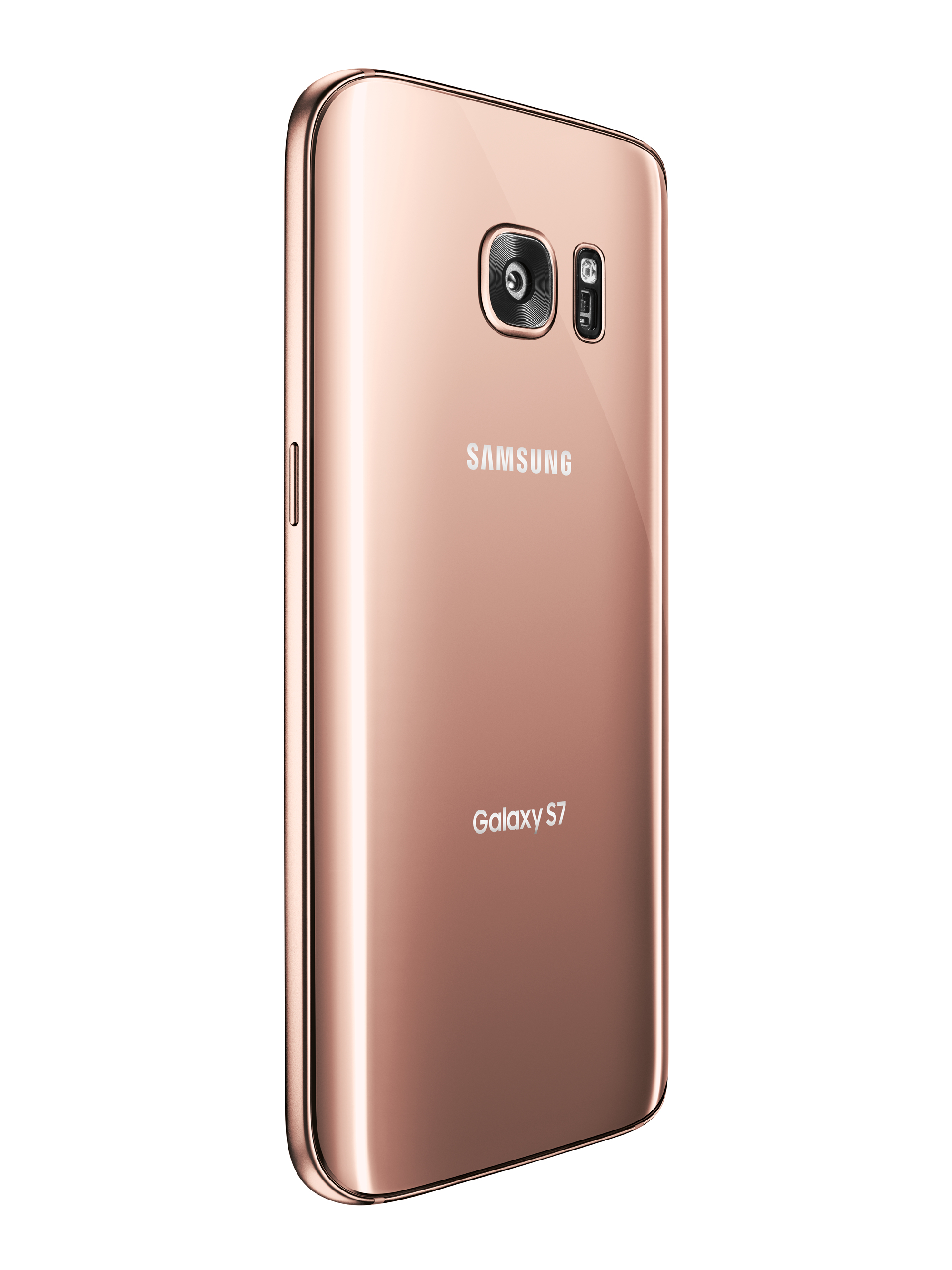Samsung Galaxy S7 oro rosa, vista trasera. Cámara y logo Samsung visibles en la parte trasera.