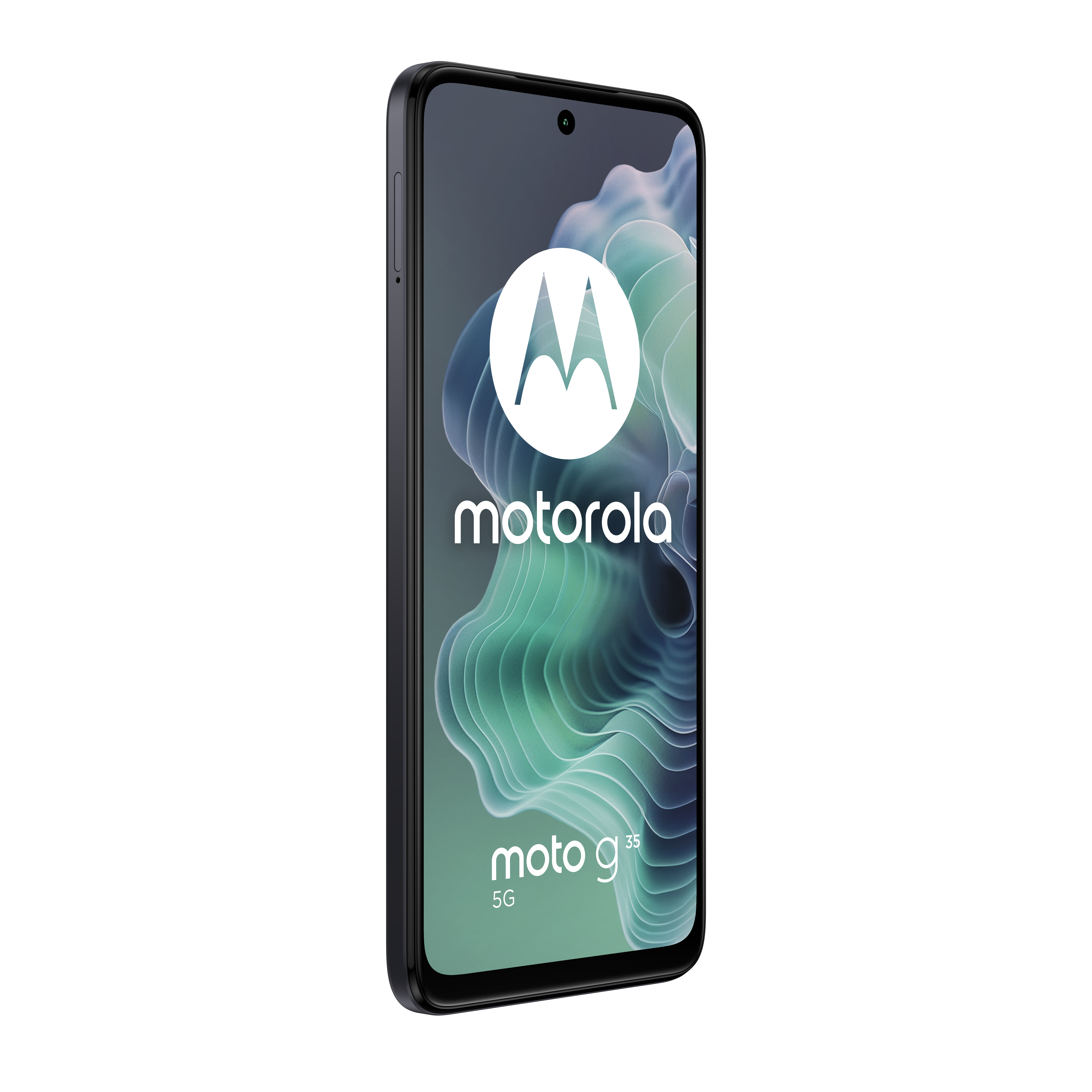 Czarny smartfon z logo Motorola i Moto g35 5G wyświetlanymi na ekranie.