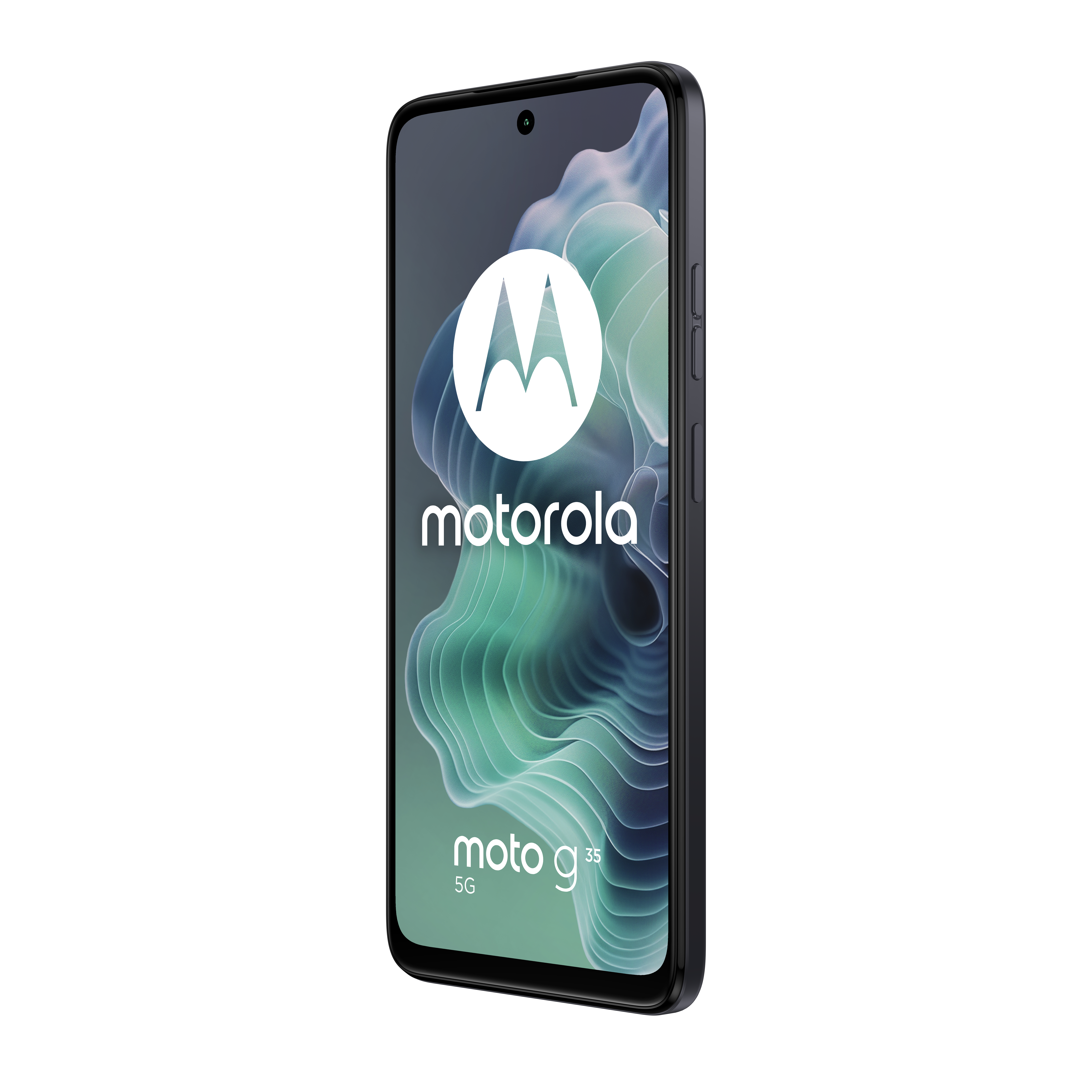 Czarny telefon Motorola z logo marki na ekranie, na białym tle.