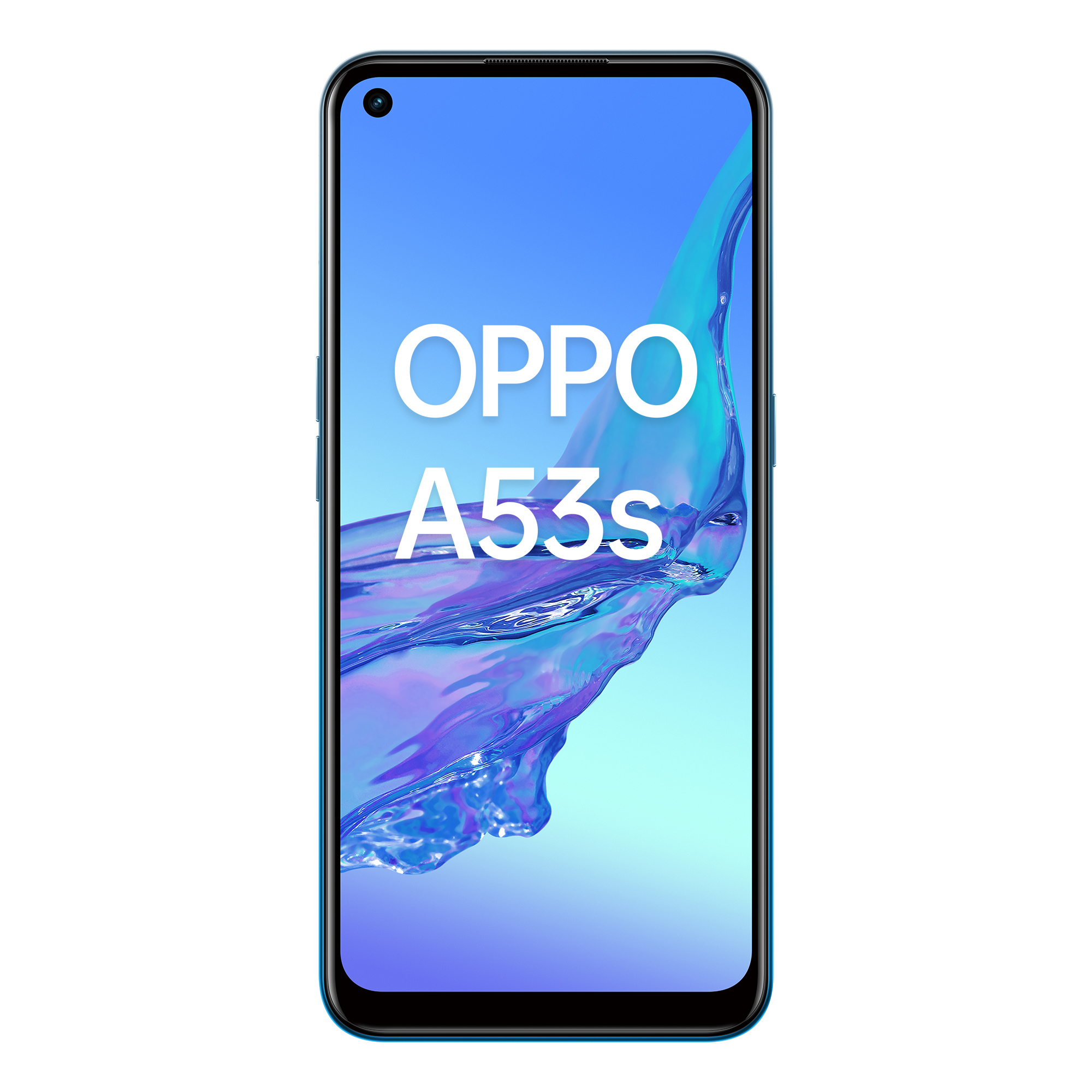 Teléfono azul con el texto OPPO A53s, fondo blanco.