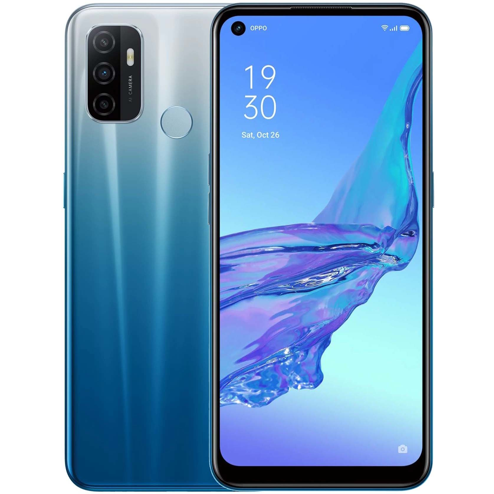 Teléfono Oppo degradado azul con triple cámara y hora en pantalla.