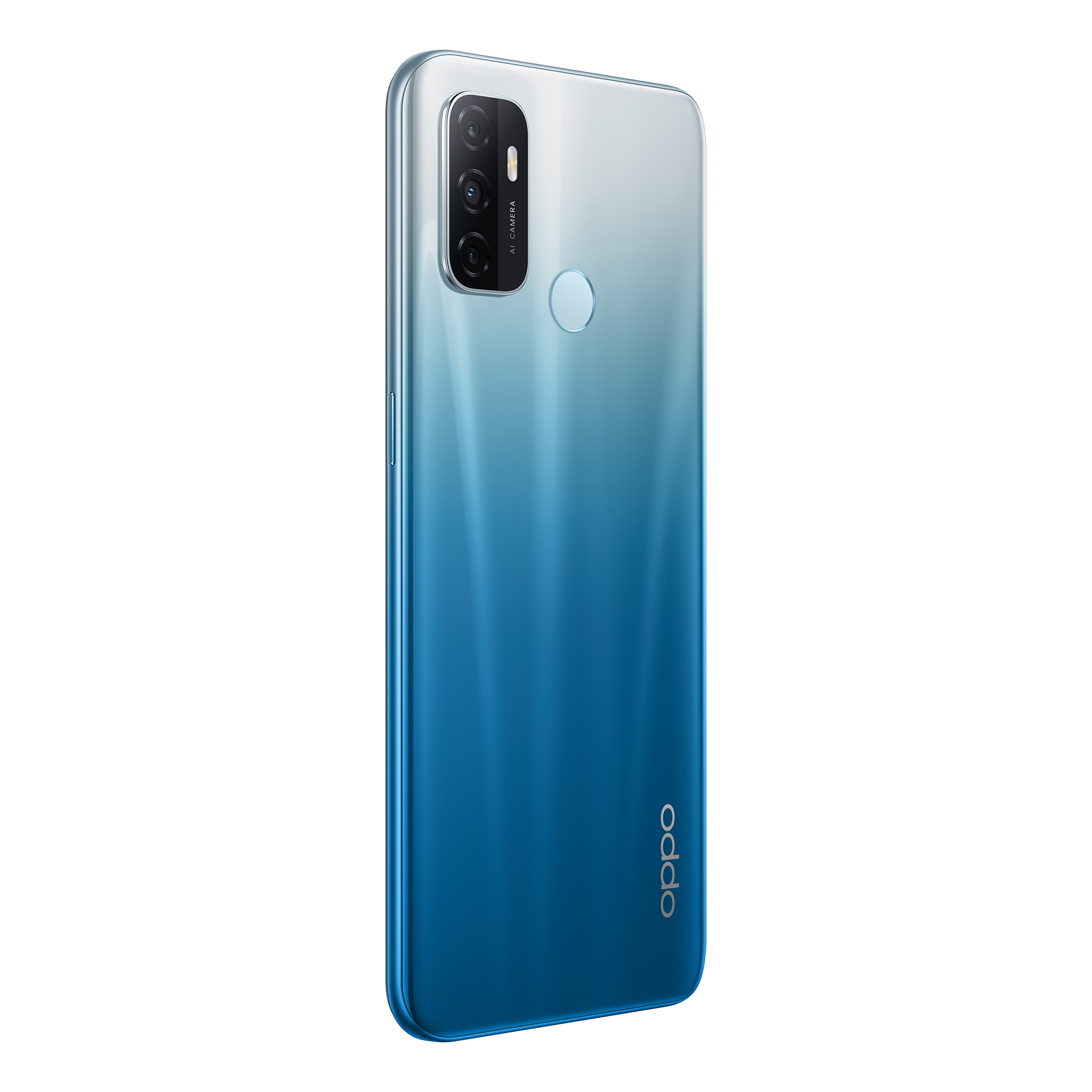 Parte trasera de smartphone azul y blanco. Se ven tres cámaras y el logotipo de Oppo.