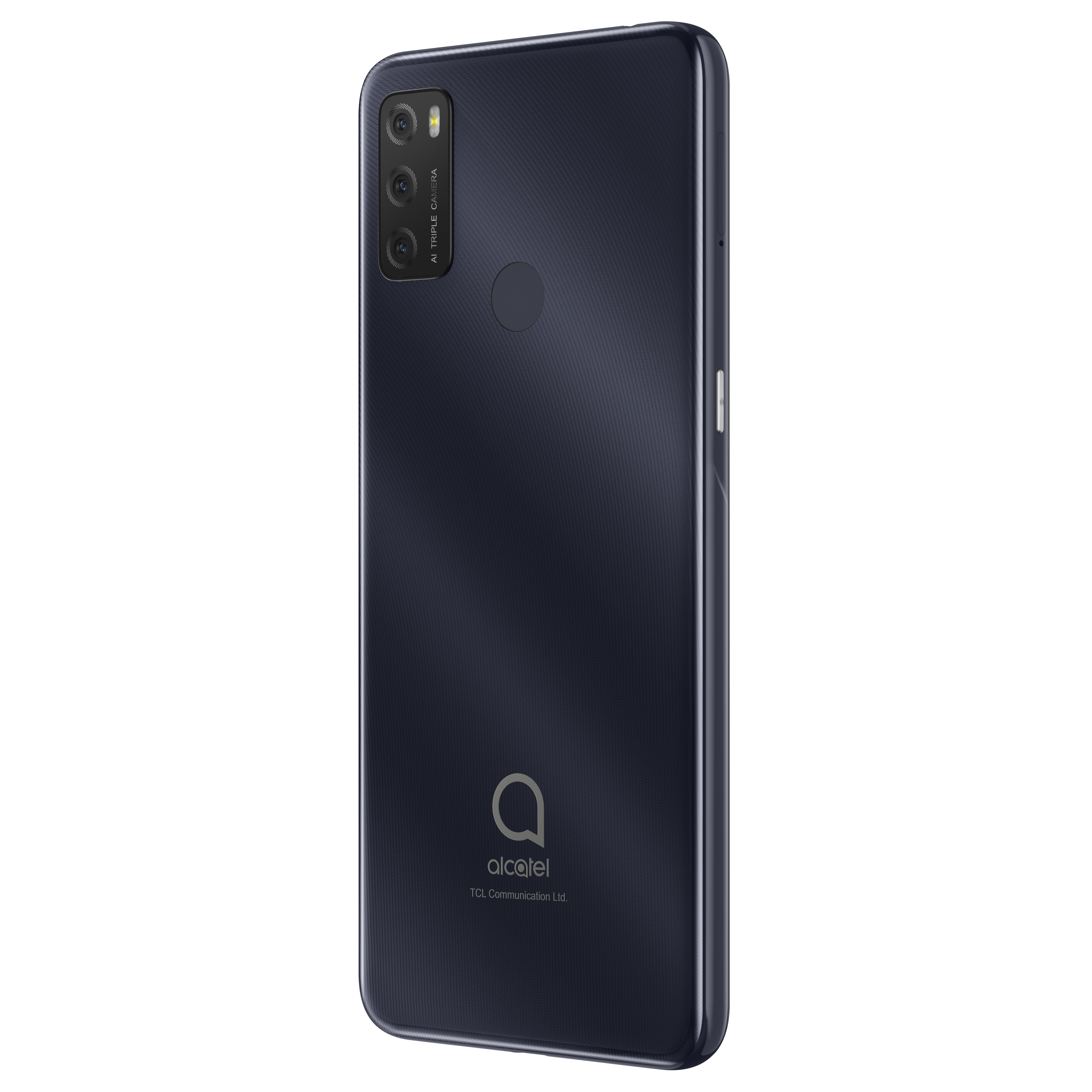 Czarny smartfon Alcatel, widok z tyłu. Posiada potrójny aparat i logo Alcatel. Białe tło.