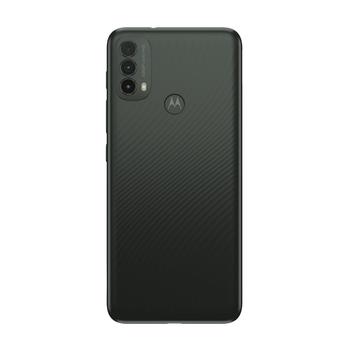 Die Rückseite eines dunkelgrünen Smartphones mit Dreifachkamera und Motorola-Logo.