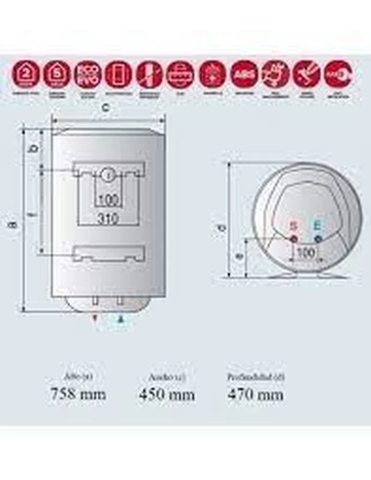 Diagrama de un calentador de agua con dimensiones. Incluye vista superior, lateral y varios iconos.