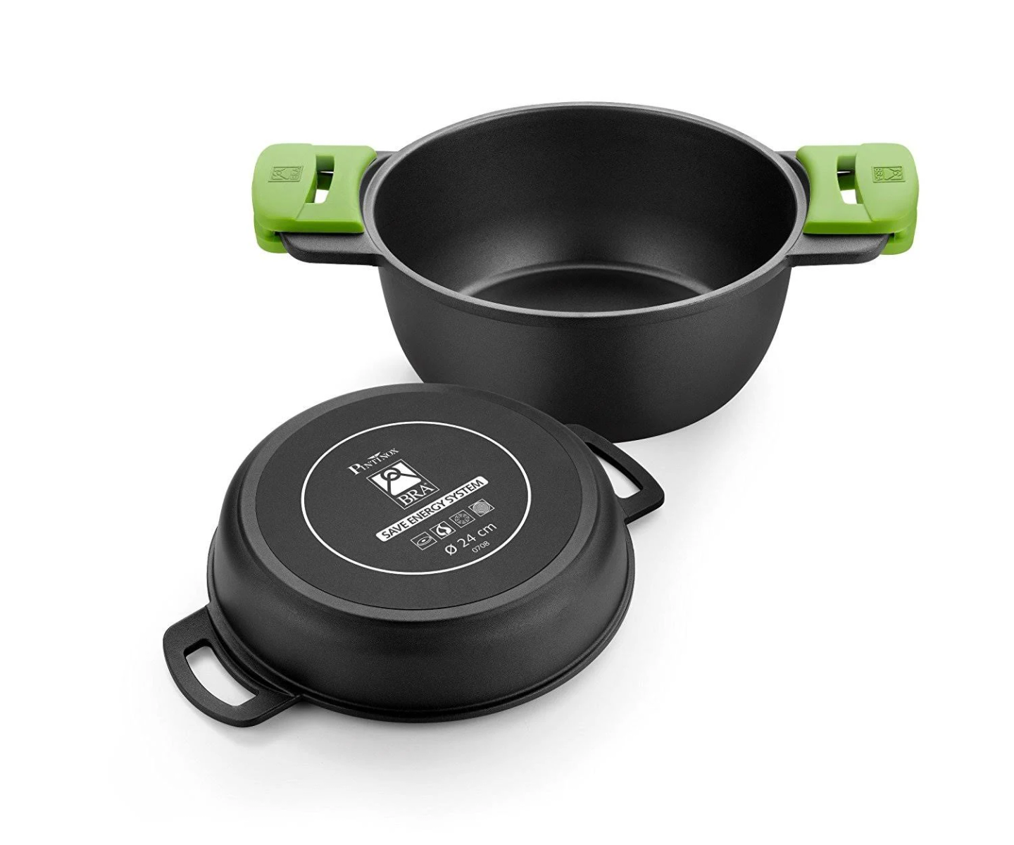 Olla negra con asas verdes y tapa separada.