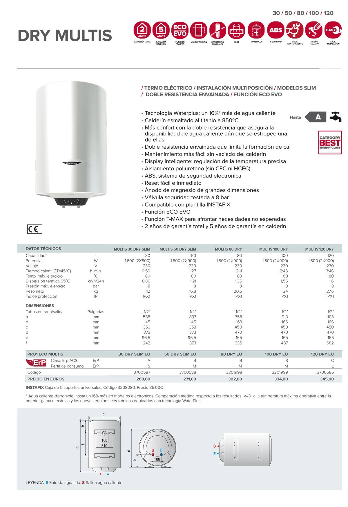 Calentador de agua blanco con texto y especificaciones, sobre fondo blanco.
