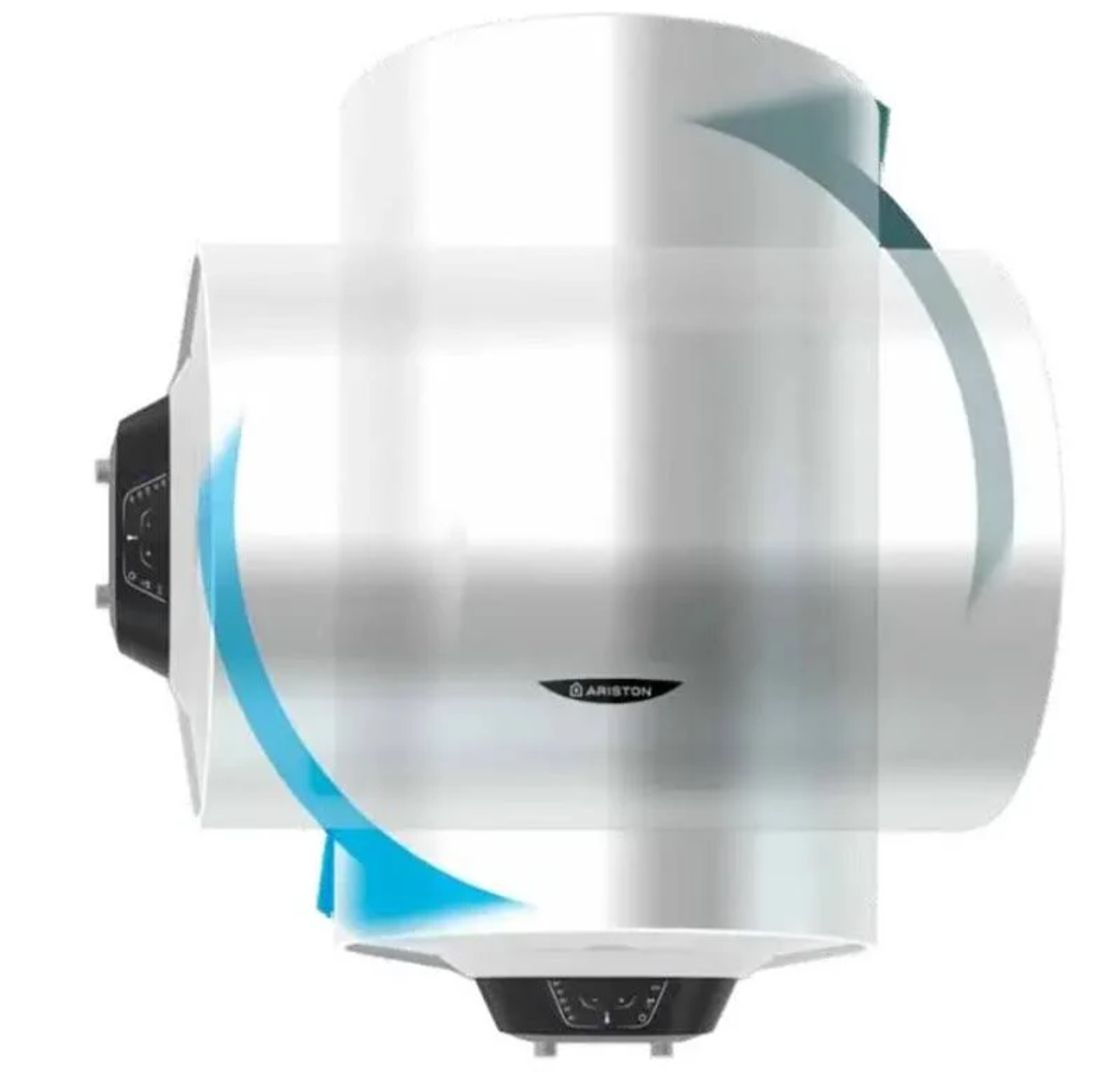 Calentador de agua blanco con flechas azules, logotipo de Ariston. Fondo blanco.