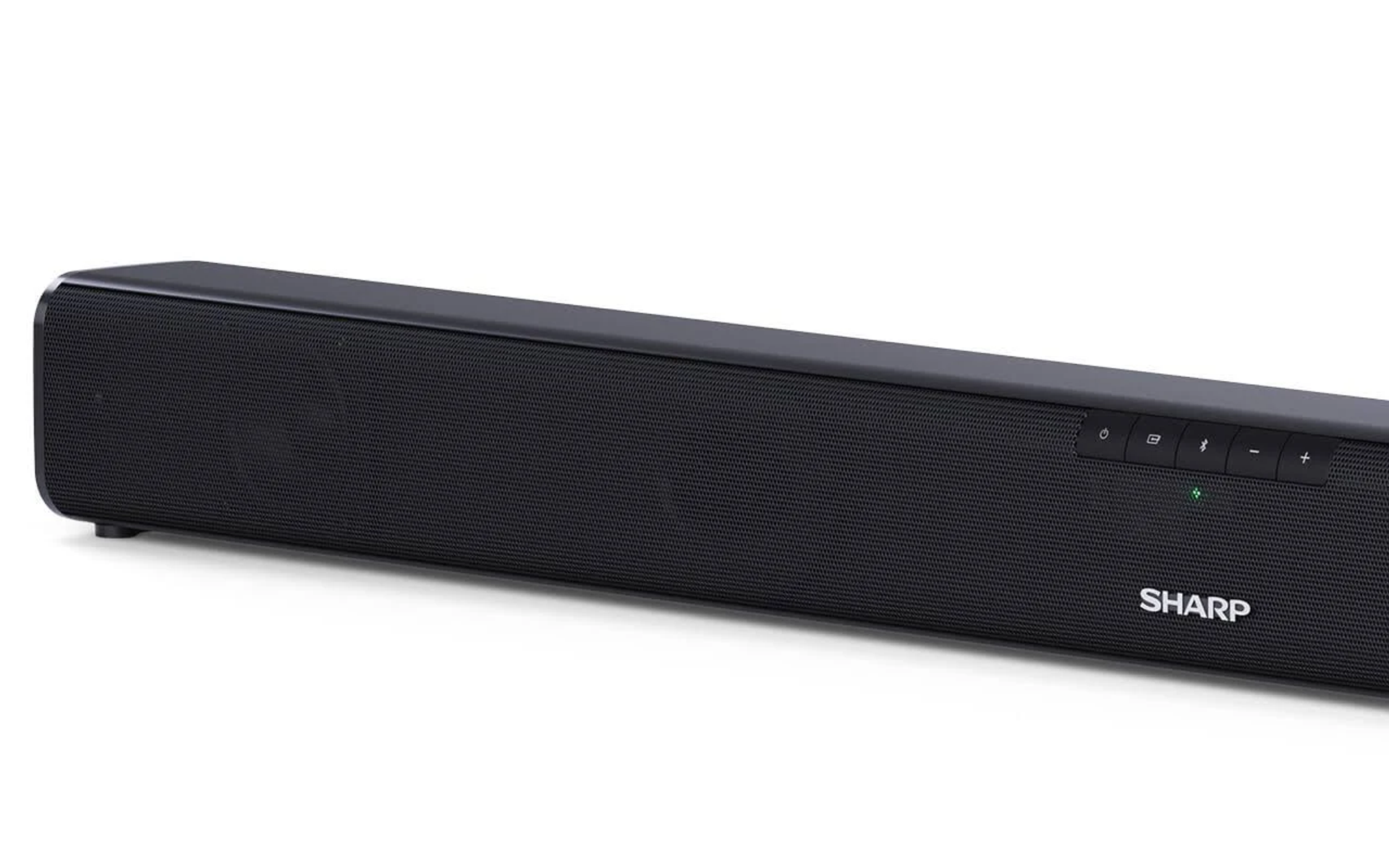 Soundbar nera con logo SHARP e pulsanti, su sfondo bianco, semplice ed elegante.