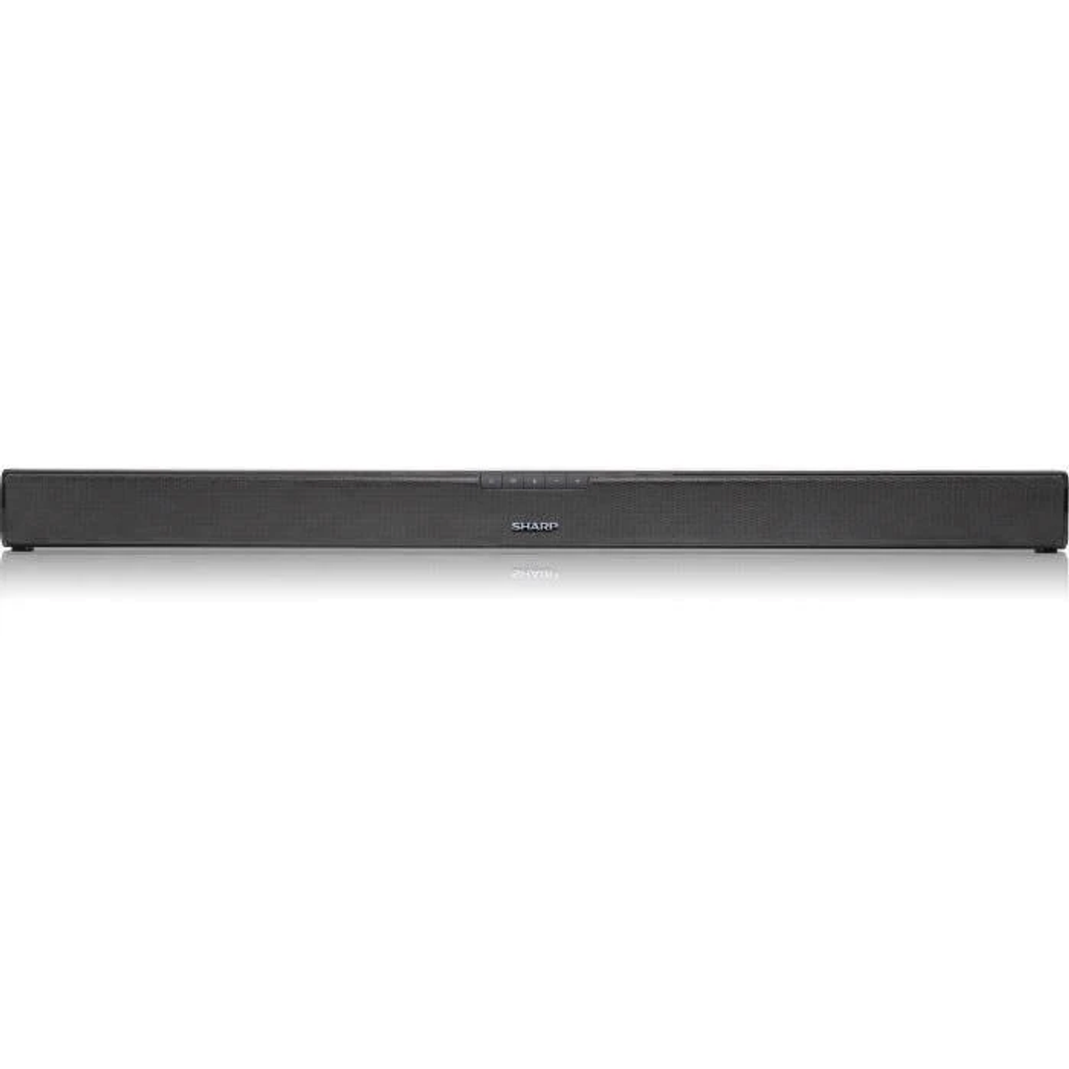 Soundbar nera con il logo SHARP su sfondo bianco, vista frontalmente.