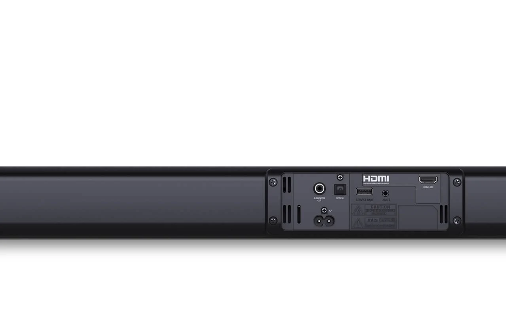 Il retro di una soundbar nera con porte per HDMI, alimentazione e altre connessioni audio.