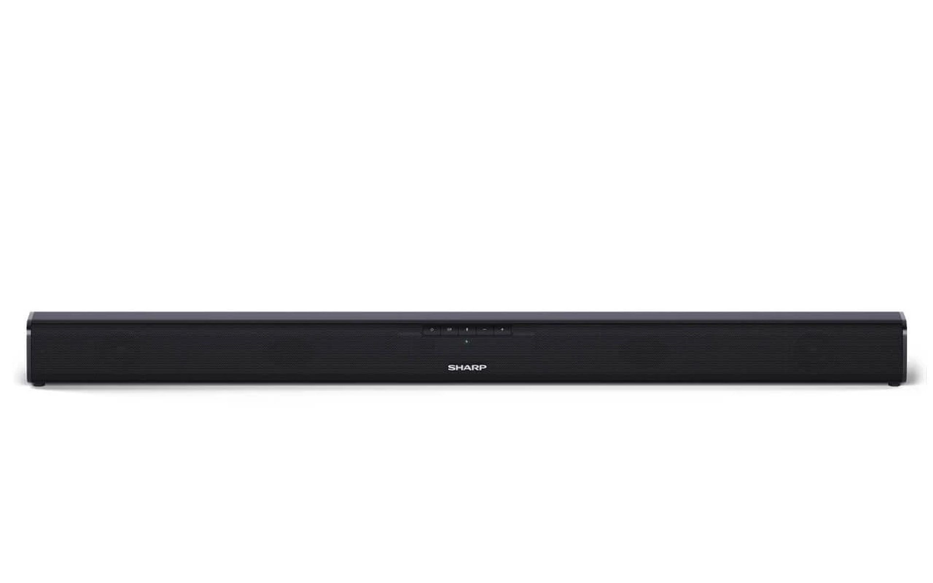 Soundbar nera lunga con il logo SHARP su sfondo bianco.