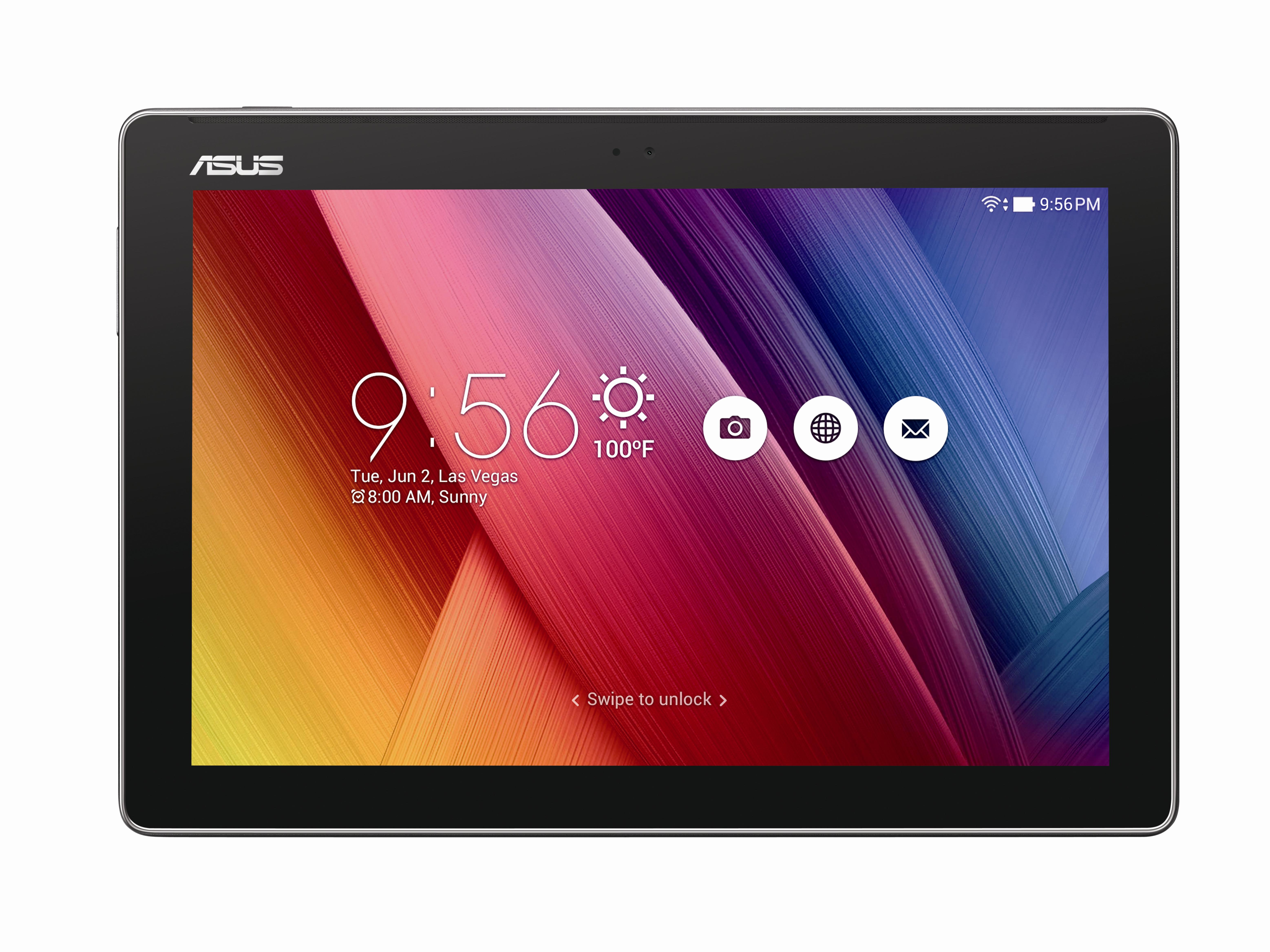 Schwarzes Tablet mit einem farbenfrohen Bildschirm, der einen Kalender und Symbole anzeigt. Der Bildschirm zeigt Uhrzeit und Temperatur.