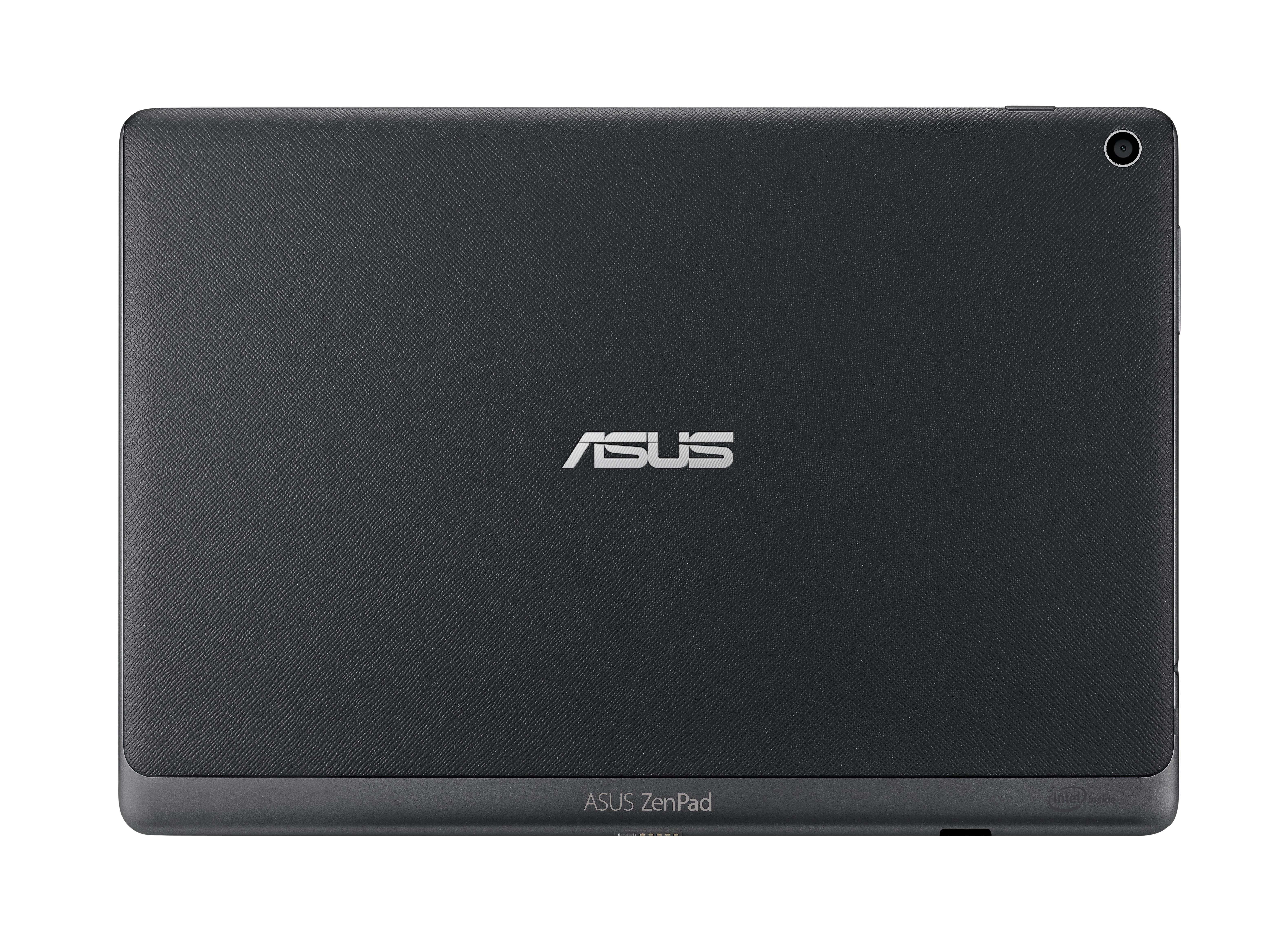 Rückseite eines schwarzen Tablets. Mit ASUS-Logo, Kamera und Text.