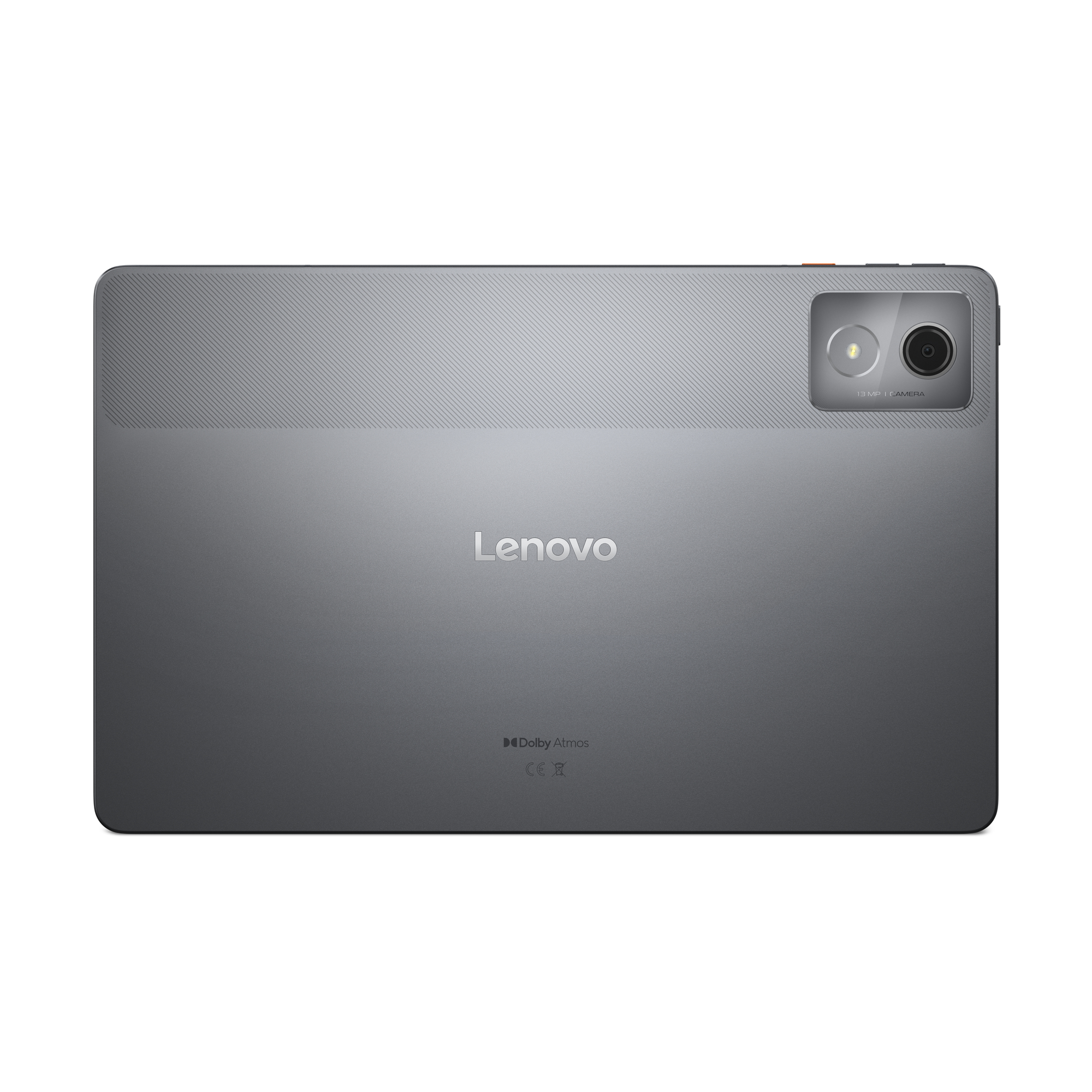 Tablet Lenovo, widok z tyłu, szary, z aparatem i tekstem Lenovo. Tył jest szary.