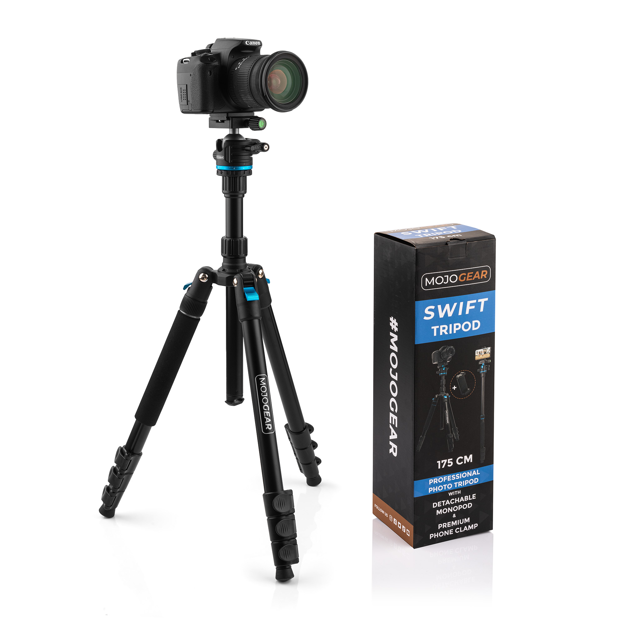 Camera on a tripod with a box beside it. Black and blue accents.