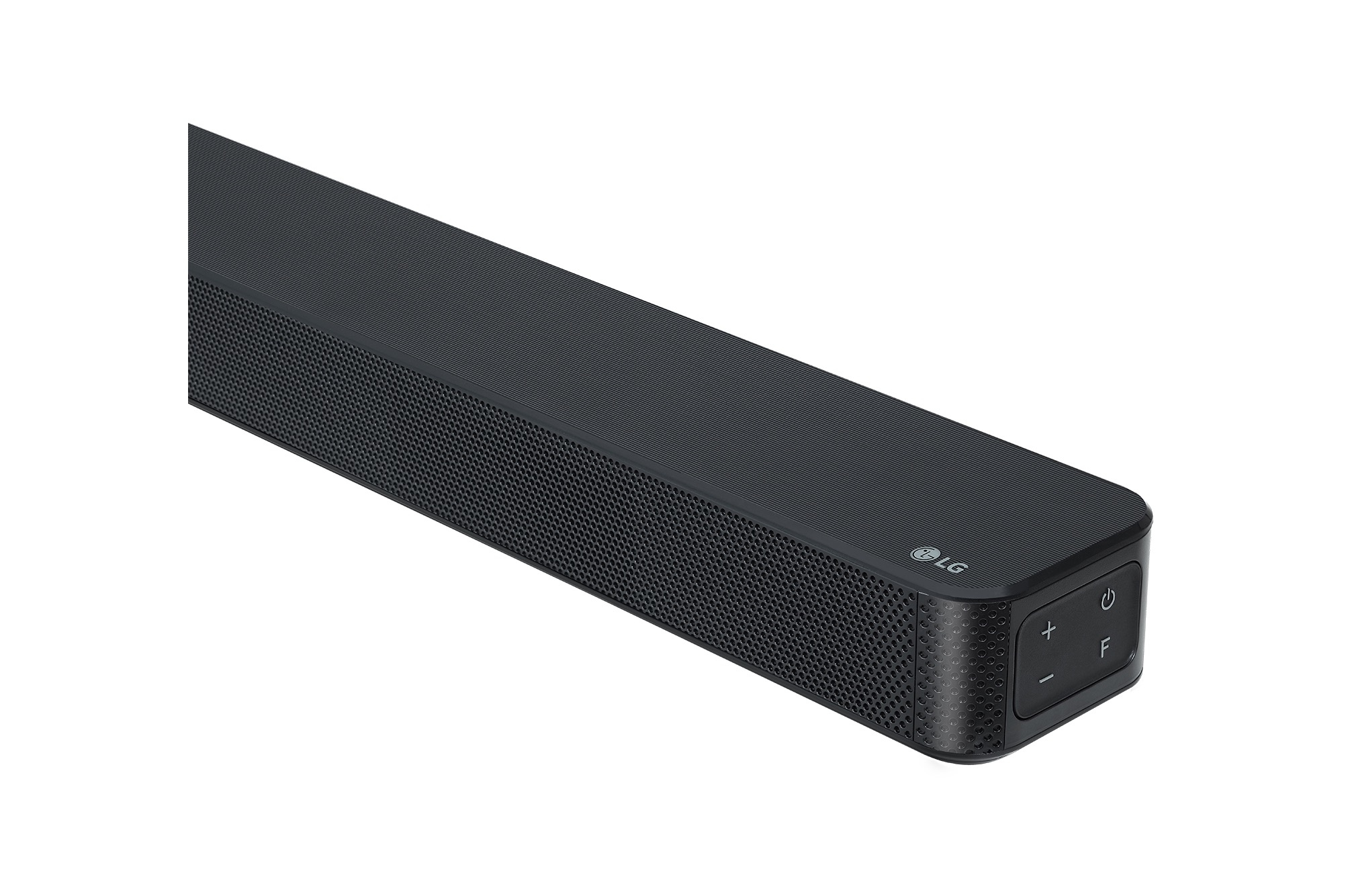 Schwarze Soundbar mit Knöpfen und dem LG-Logo. Weißer Hintergrund.