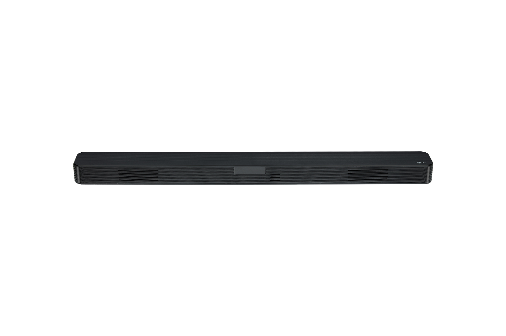 Schwarze Soundbar auf Weiß. Rechteckig mit Mesh-Front und LG-Logo rechts.