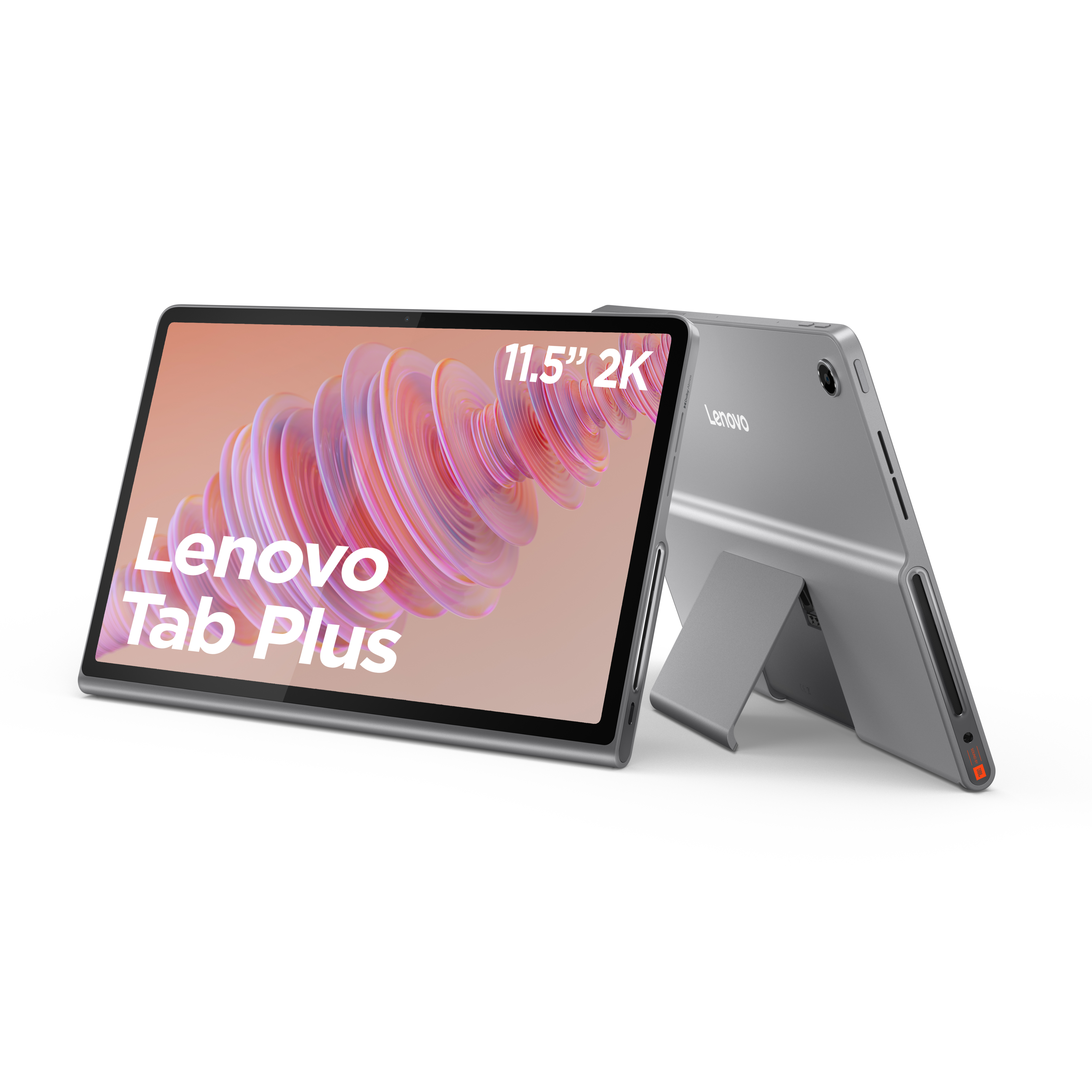 Szary tablet z ekranem wyświetlającym różowo-pomarańczowy abstrakcyjny wzór i tekst.