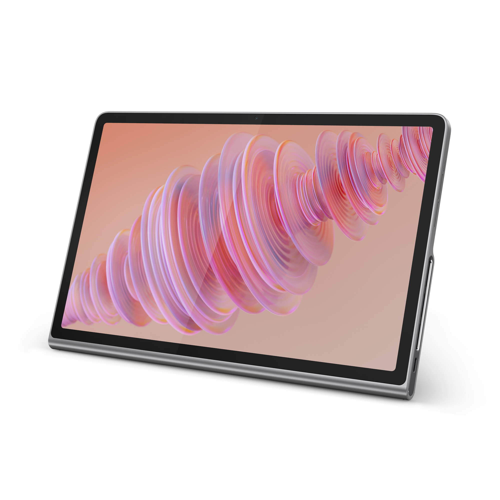 Tablet z szarą ramką. Ekran wyświetla wirujący abstrakcyjny wzór w kolorach różu i bieli.