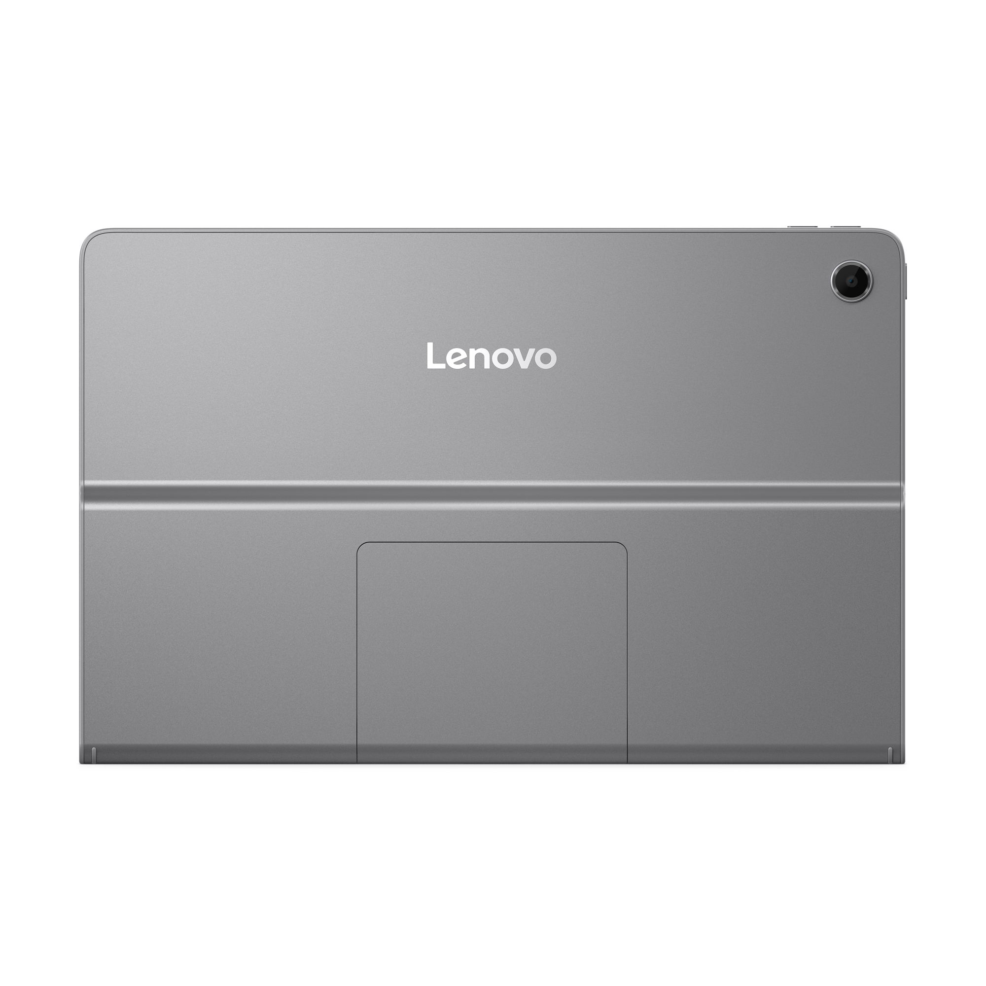 Tył srebrnego tabletu, logo Lenovo, aparat i kwadratowa sekcja na klawiaturę.