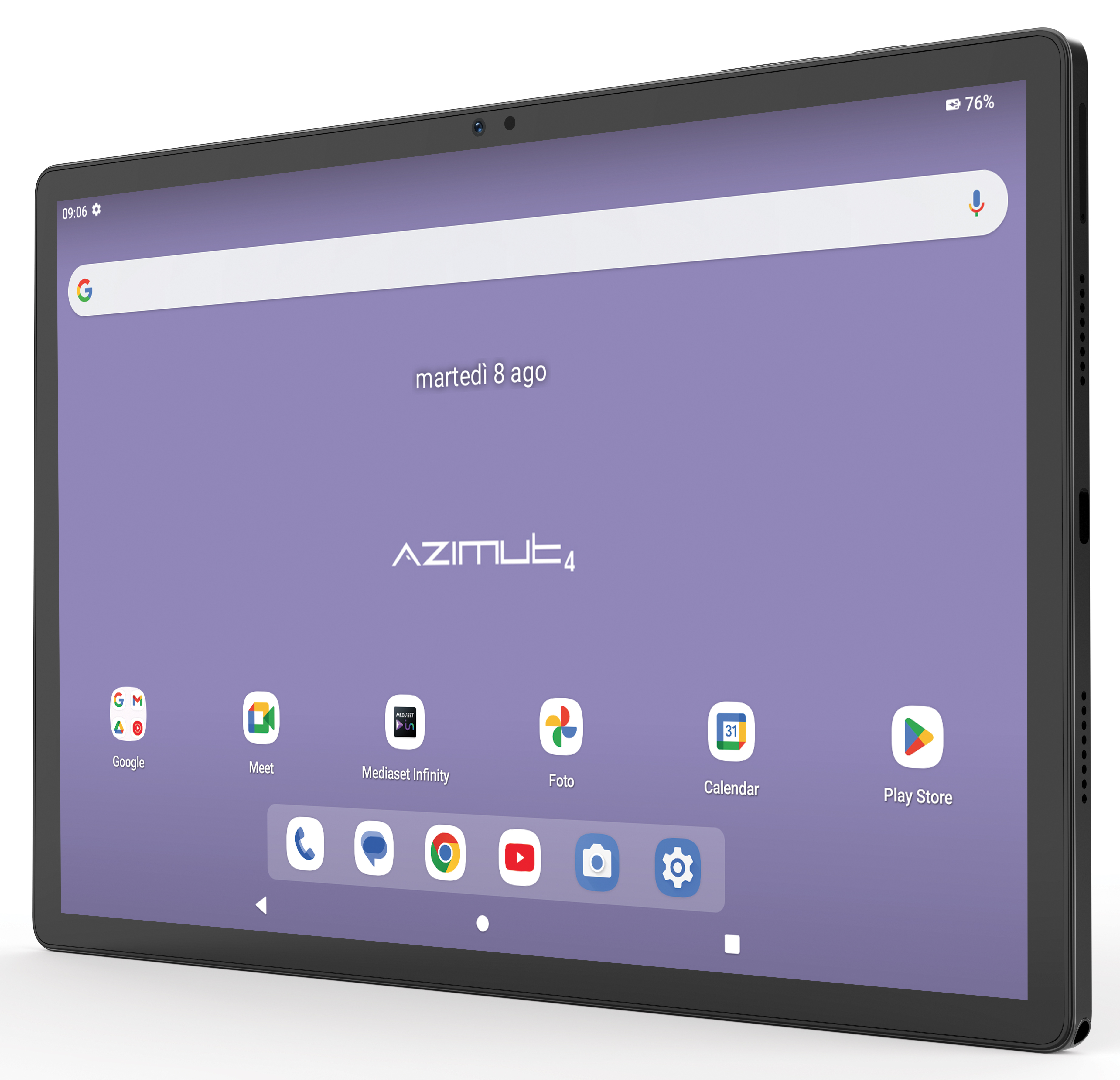 Tablet mit Startbildschirm mit App-Symbolen, Uhrzeit und Datum auf lila Hintergrund.
