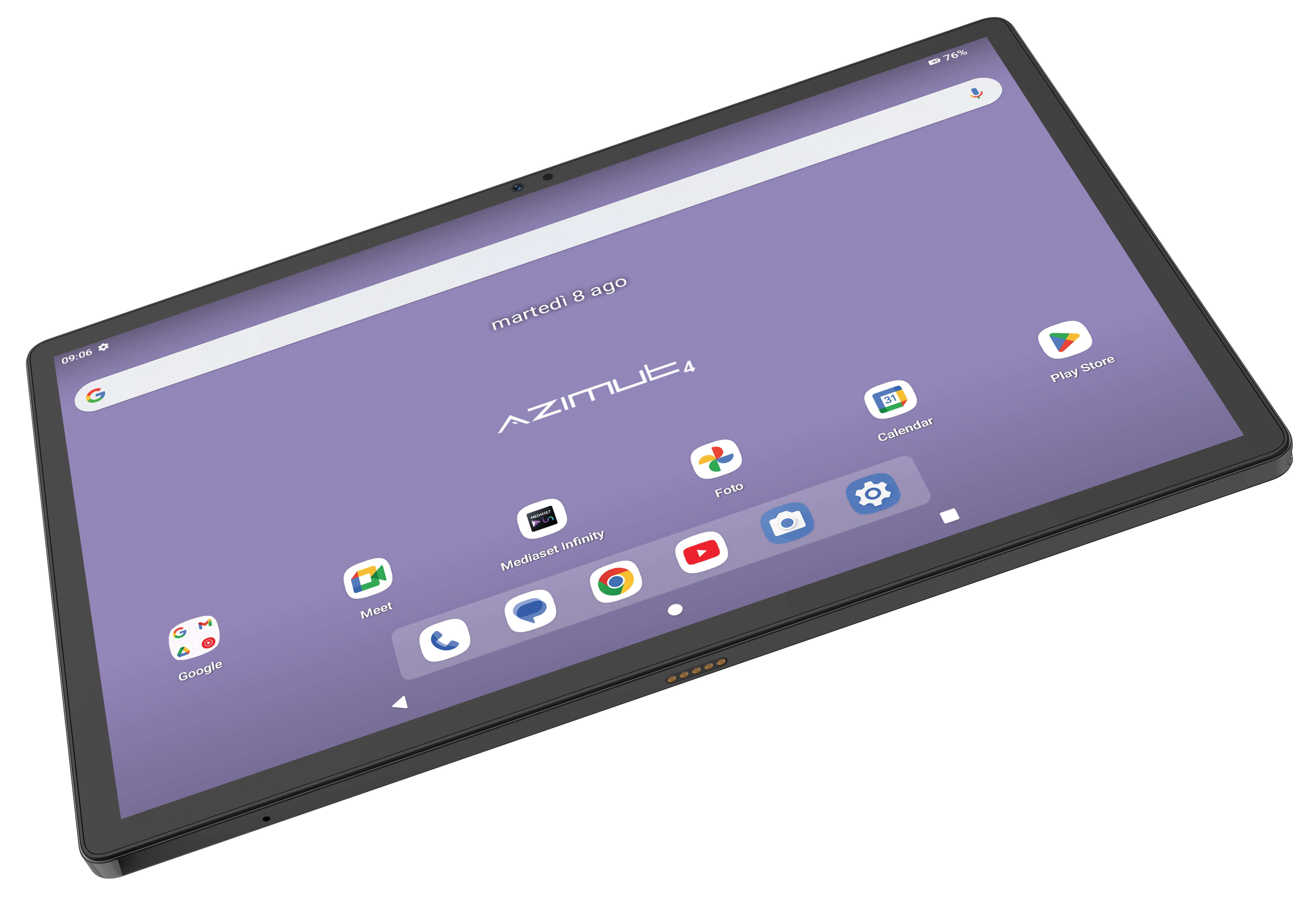 Tablet mit Startbildschirm mit App-Symbolen und Uhrzeit, nach oben geneigt.