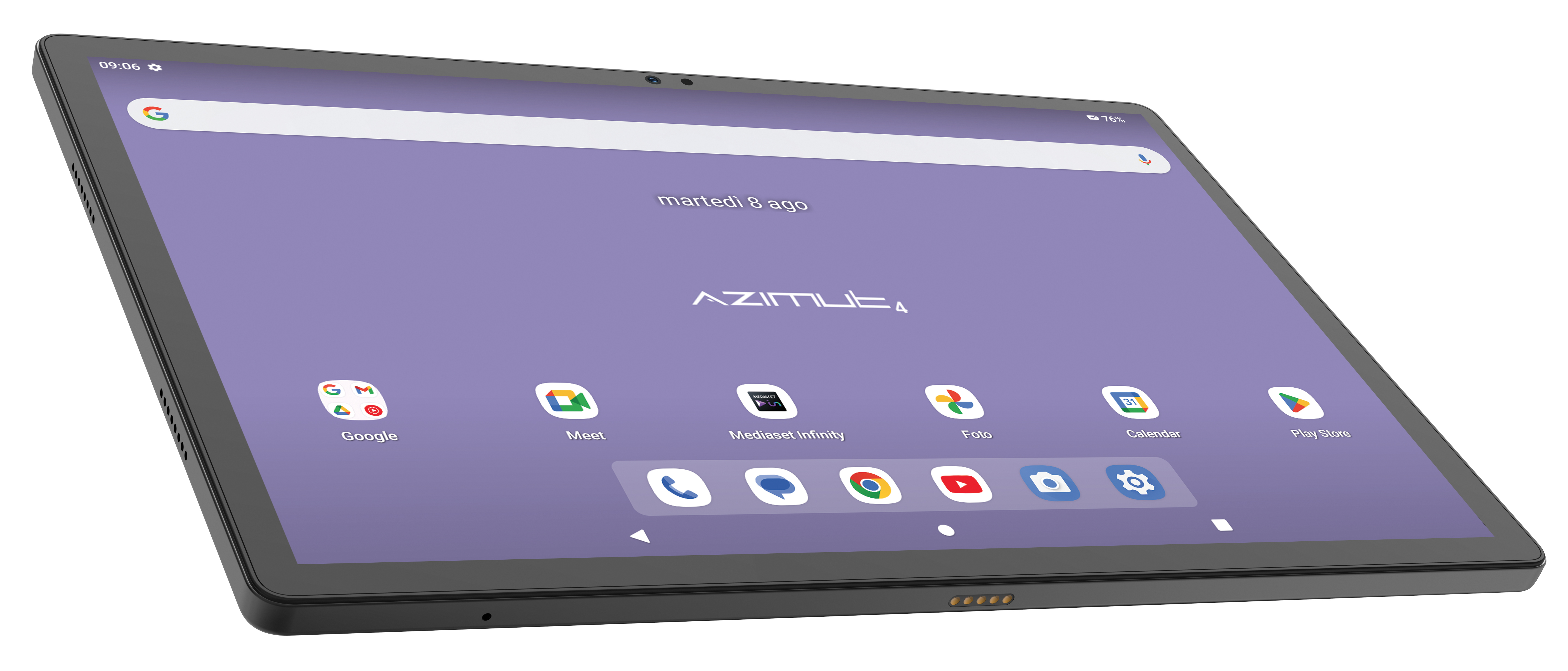 Tablet mit lila Oberfläche, App-Symbole zeigend. Das Tablet liegt auf weißer Oberfläche. Winkelansicht.