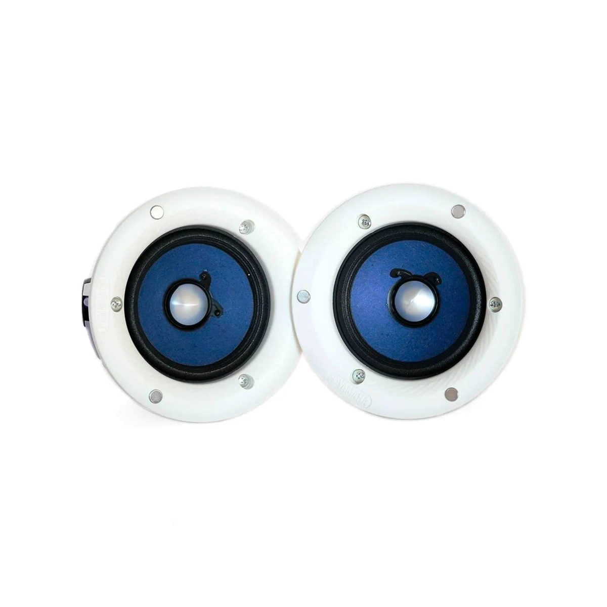 Dos altavoces blancos con centros azules y círculos negros, fondo blanco.