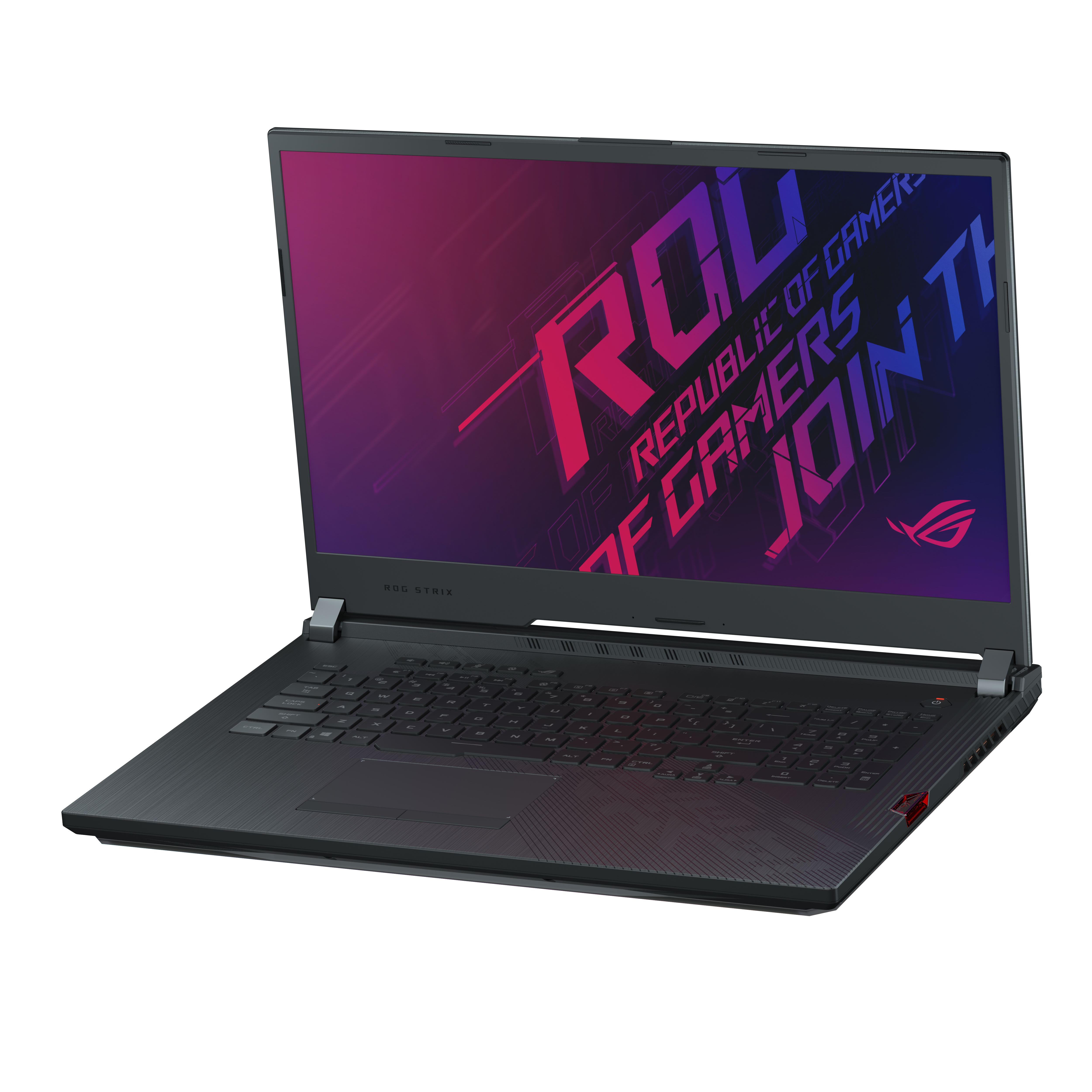 Ordinateur portable ROG noir ouvert, avec logo ROG et clavier.